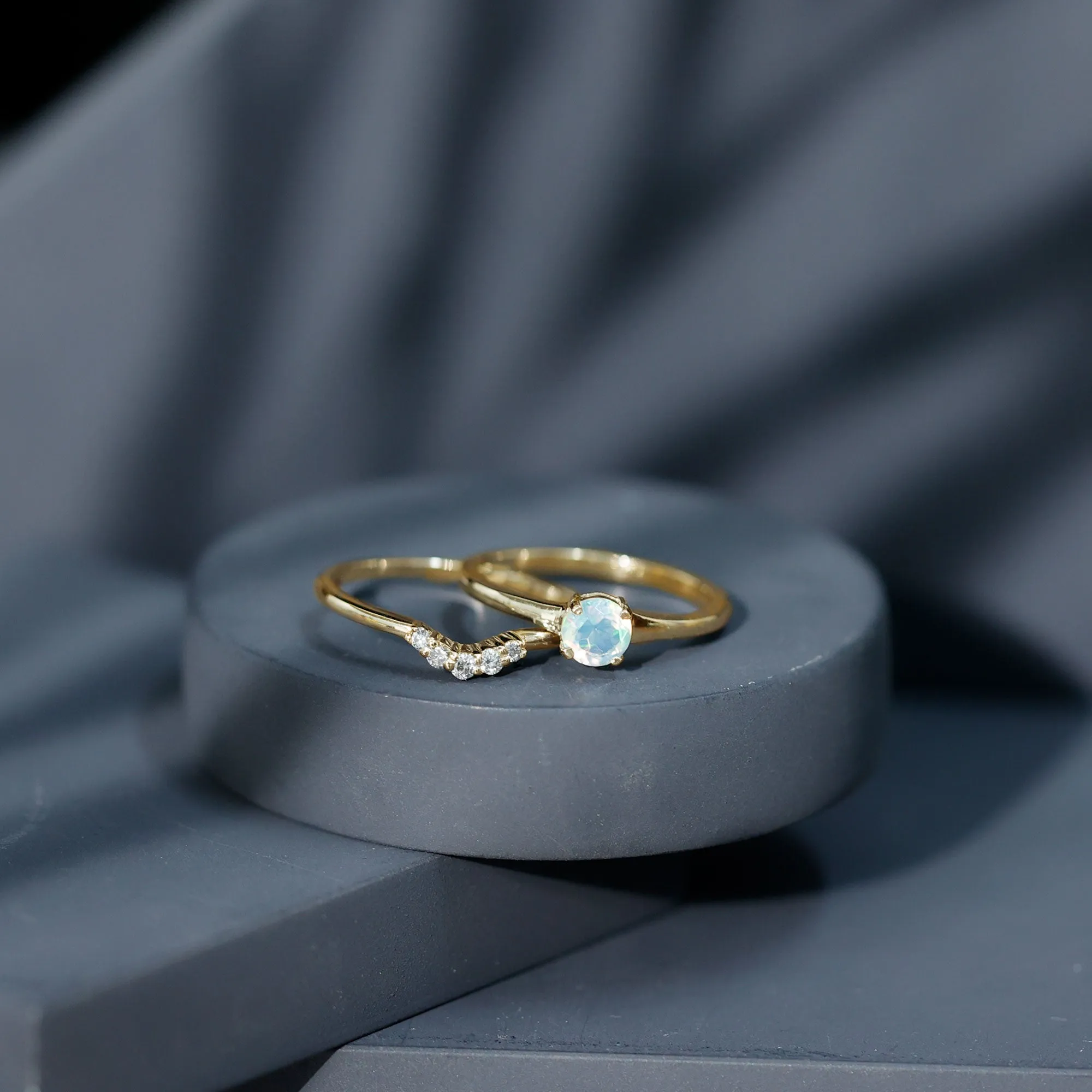 Ethiopian Opal and Diamond Minimal Wedding Ring Set