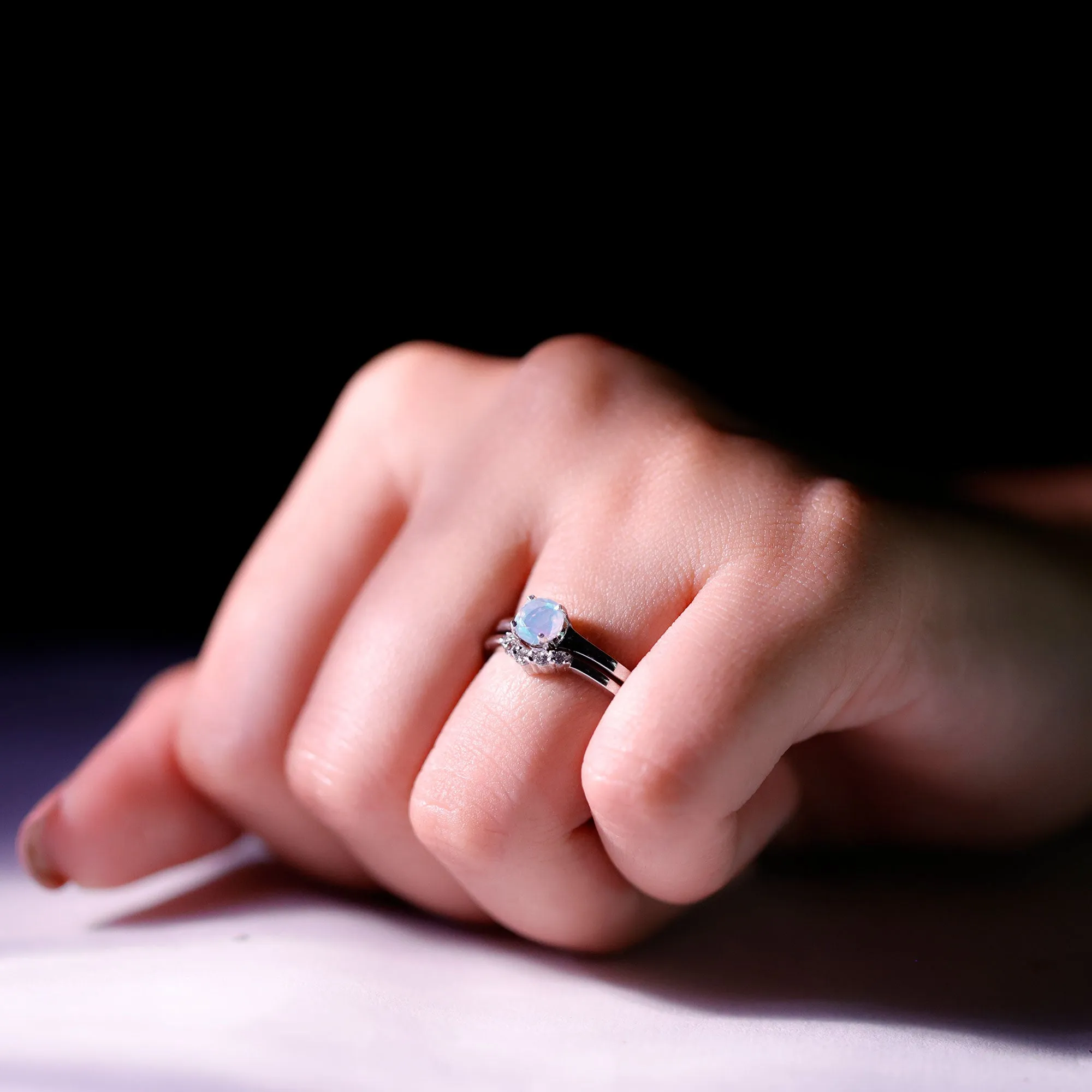 Ethiopian Opal and Diamond Minimal Wedding Ring Set