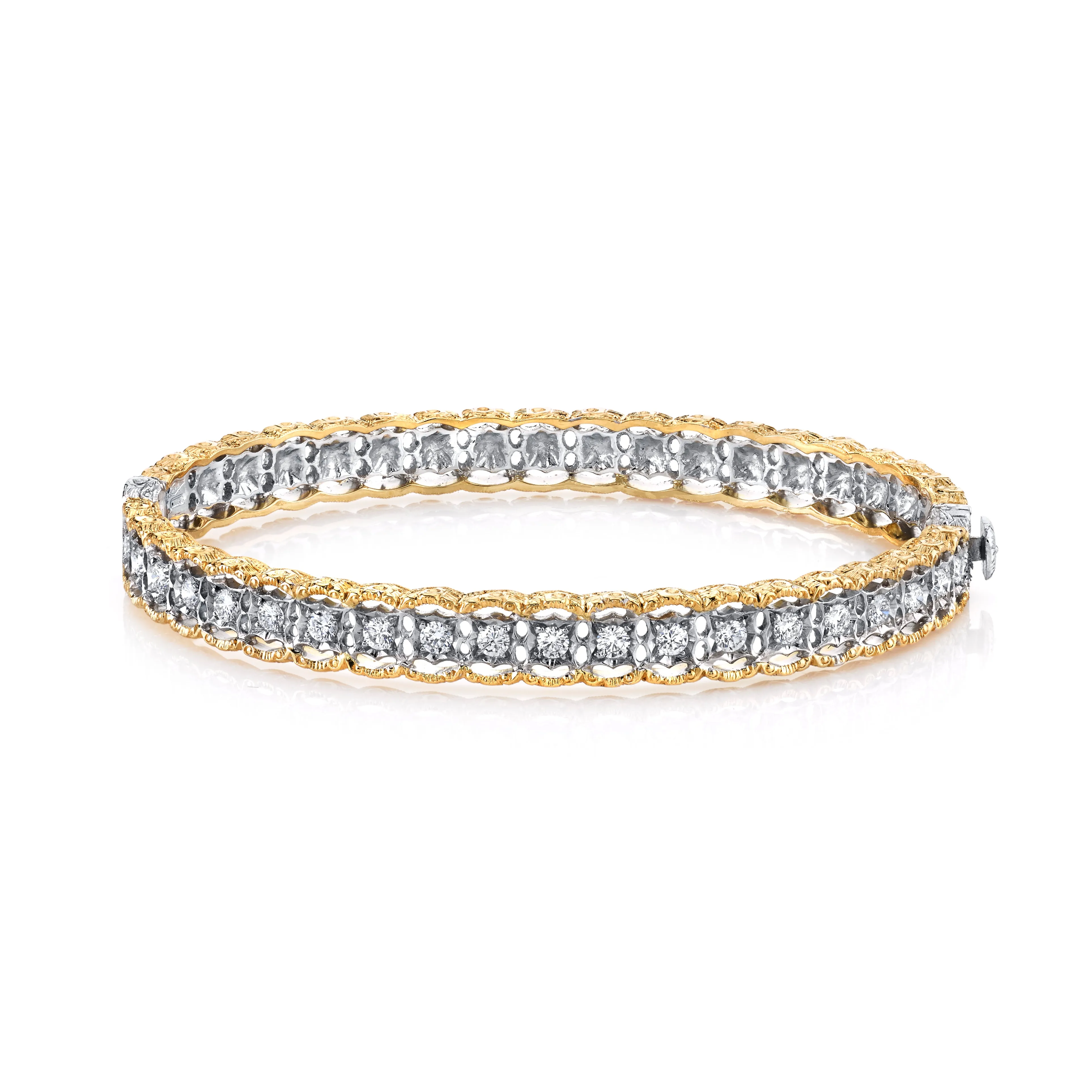 Florentine Style Diamond, Yellow, White Gold Bangle Bracelet, 1.00 Carat Total