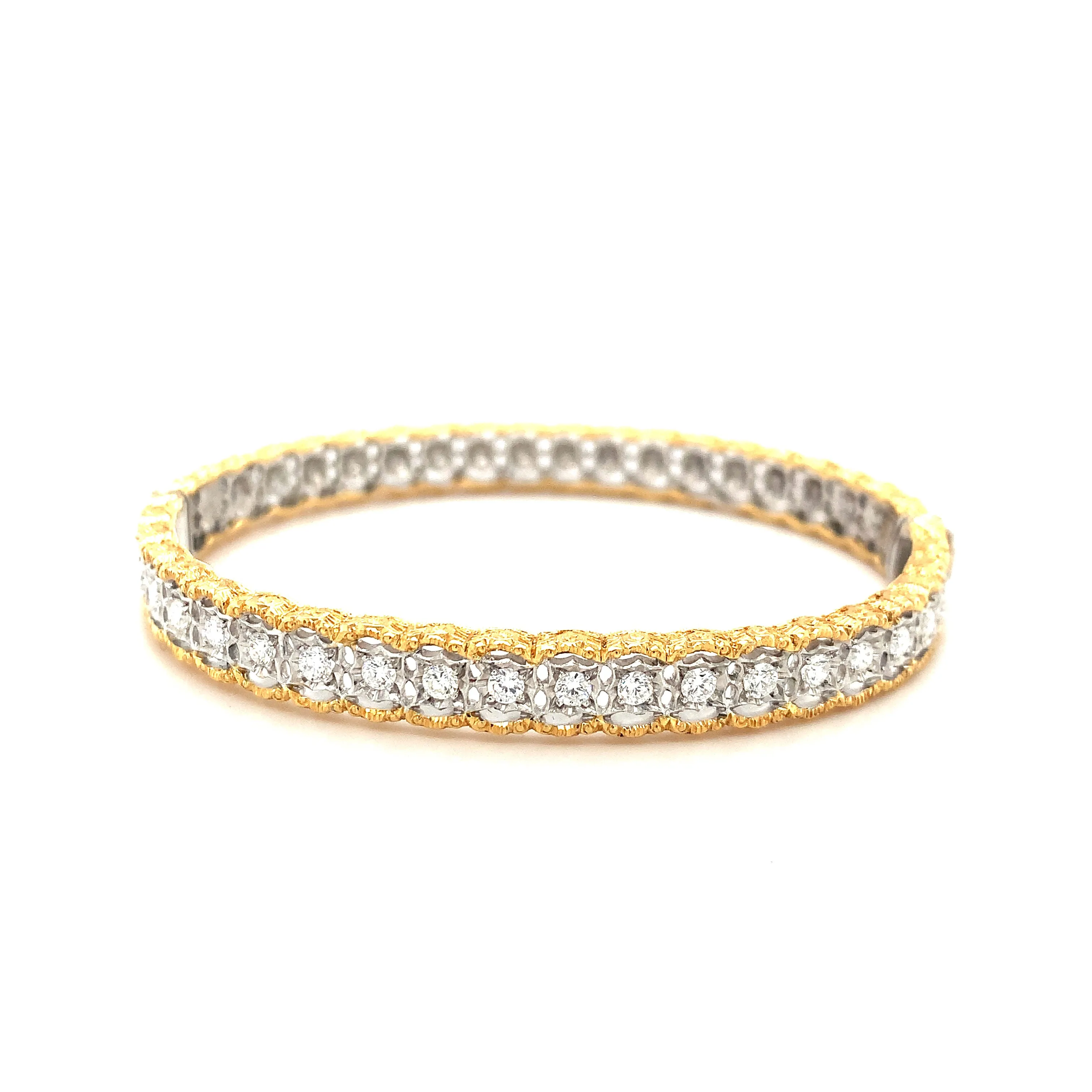 Florentine Style Diamond, Yellow, White Gold Bangle Bracelet, 1.00 Carat Total