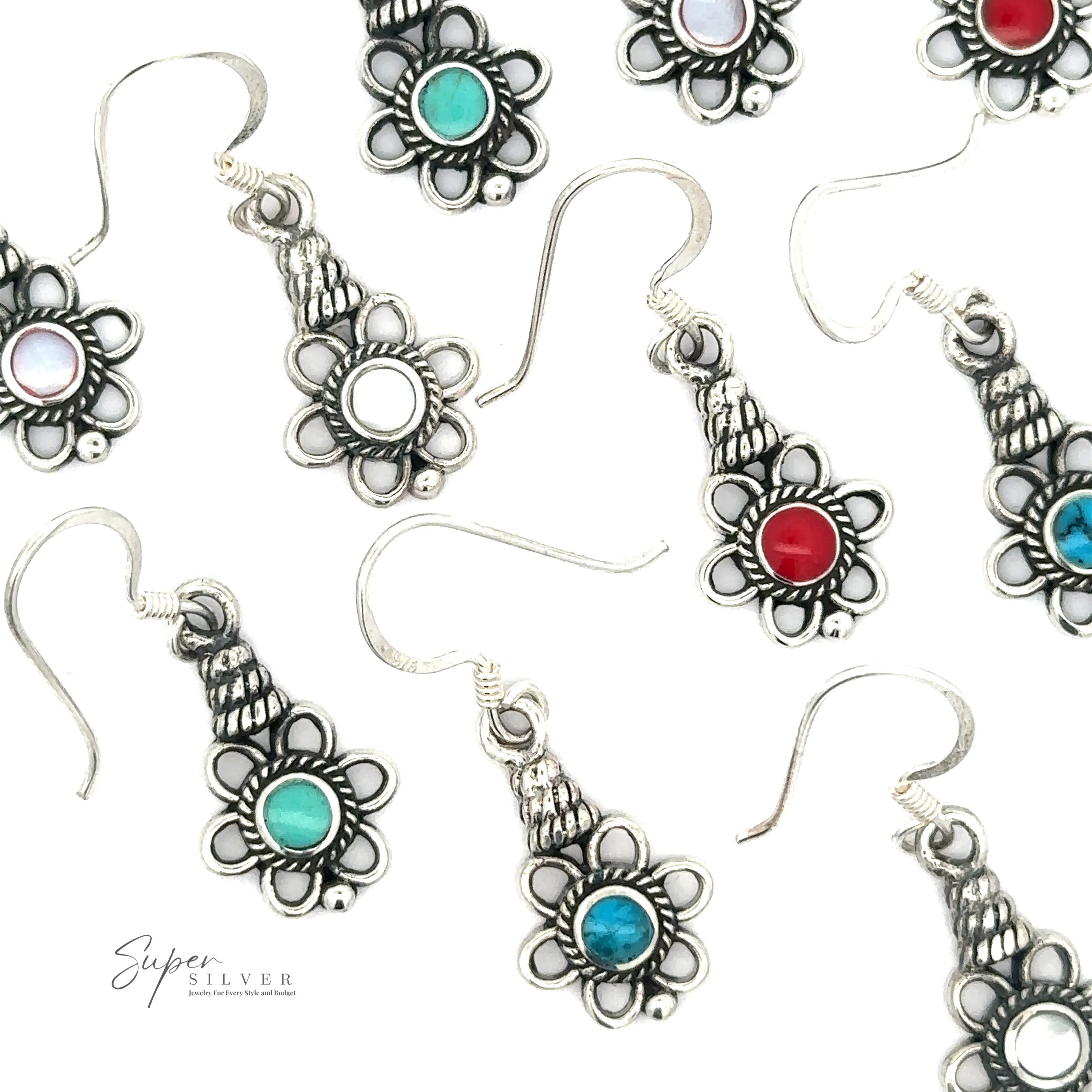 Flower Design Earrings With a Round Stone