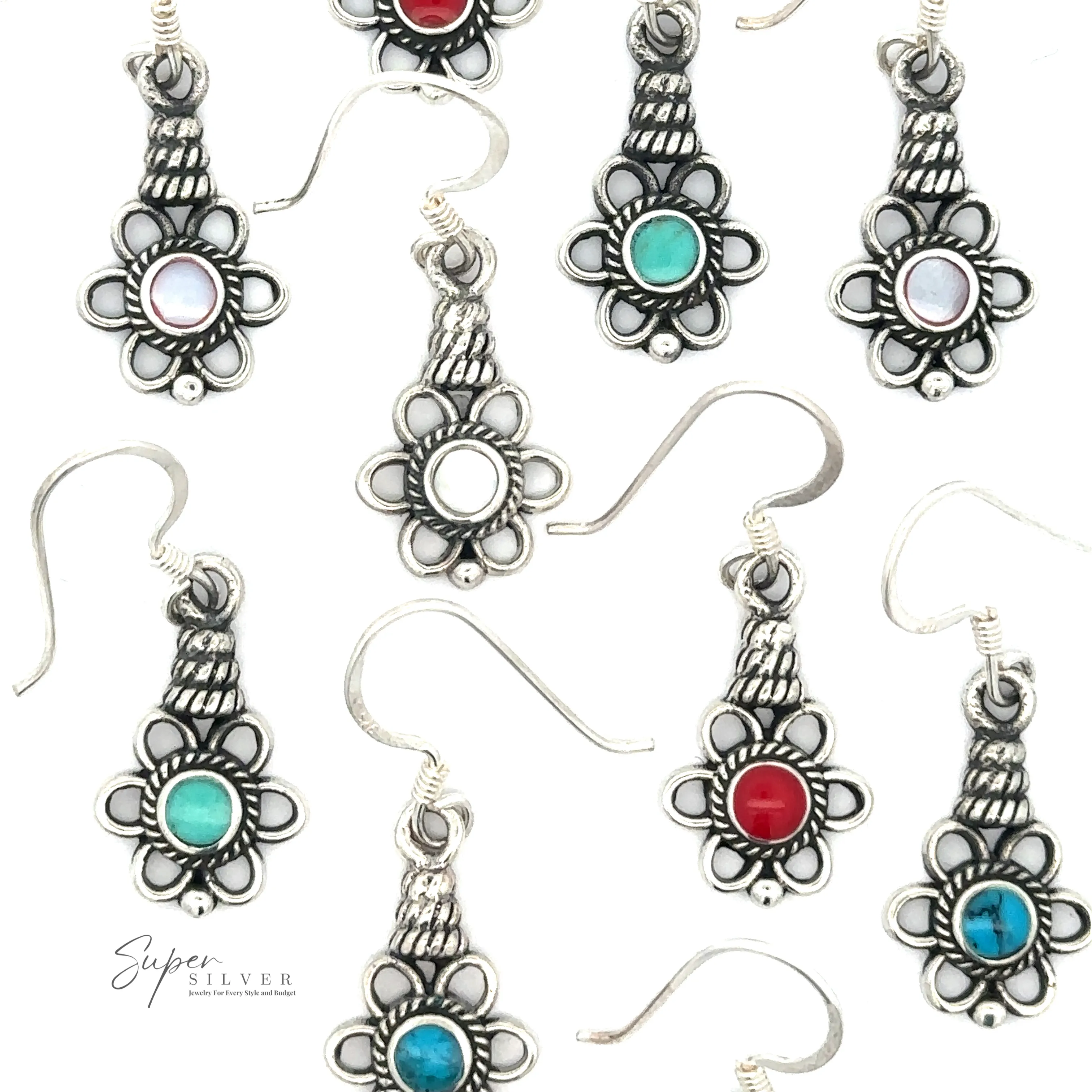 Flower Design Earrings With a Round Stone