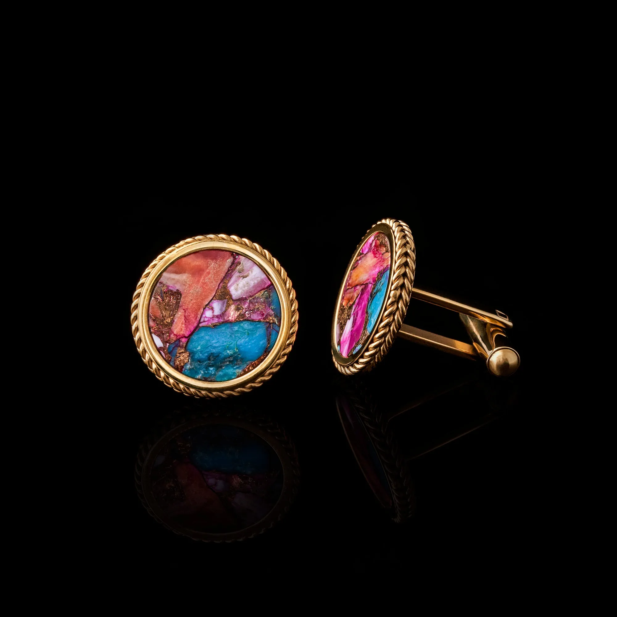 Gold Purple & Orange Copper Turquoise Leaf Cufflinks