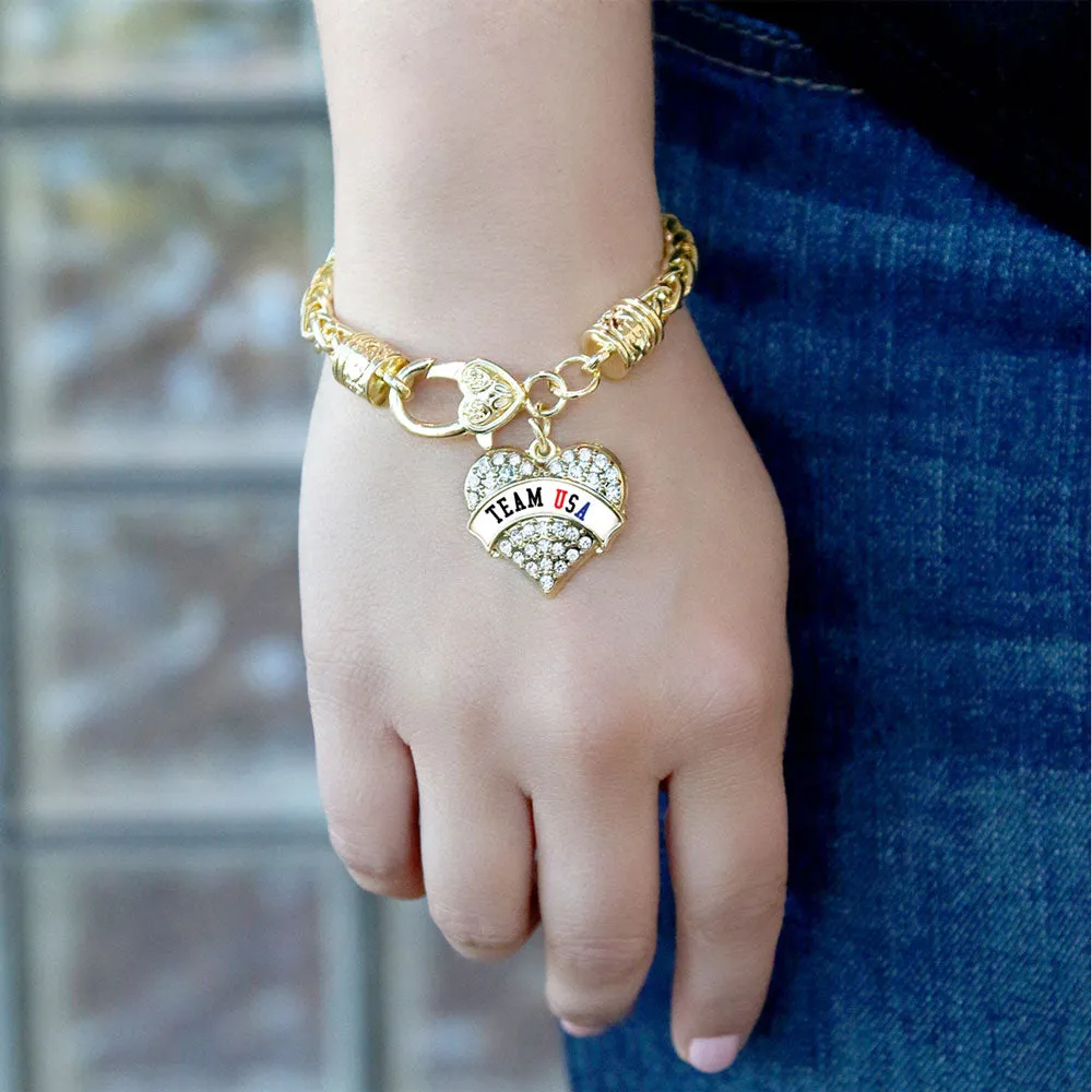 Gold Team USA - White Banner Pave Heart Charm Braided Bracelet