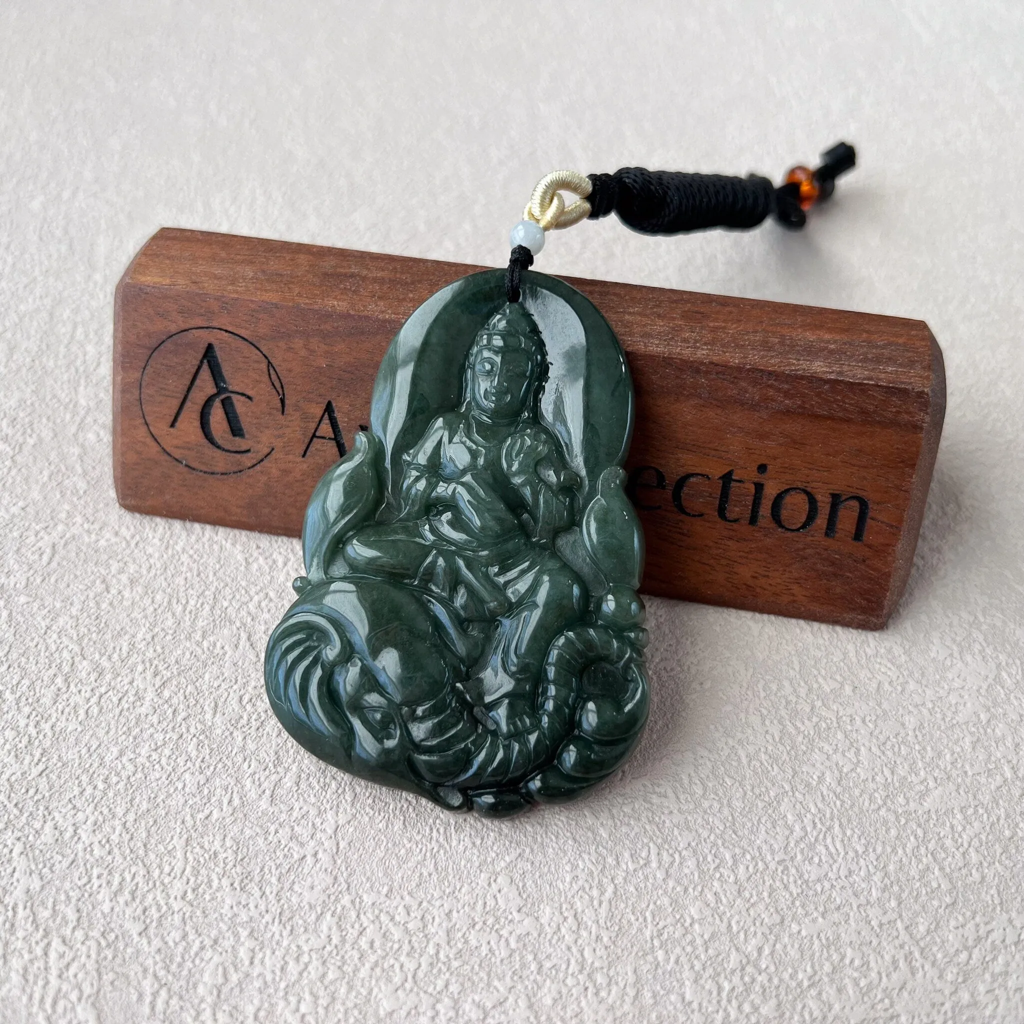 Green Jadeite Jade Samantabhadra Buddha Pendant, Pu Xian, Phổ Hiền Bồ Tát, Buddha with elephant,普贤 Pendant Necklace, YJ-0422-0389325