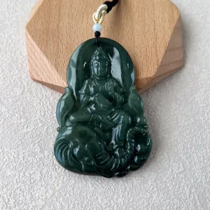 Green Jadeite Jade Samantabhadra Buddha Pendant, Pu Xian, Phổ Hiền Bồ Tát, Buddha with elephant,普贤 Pendant Necklace, YJ-0422-0389325