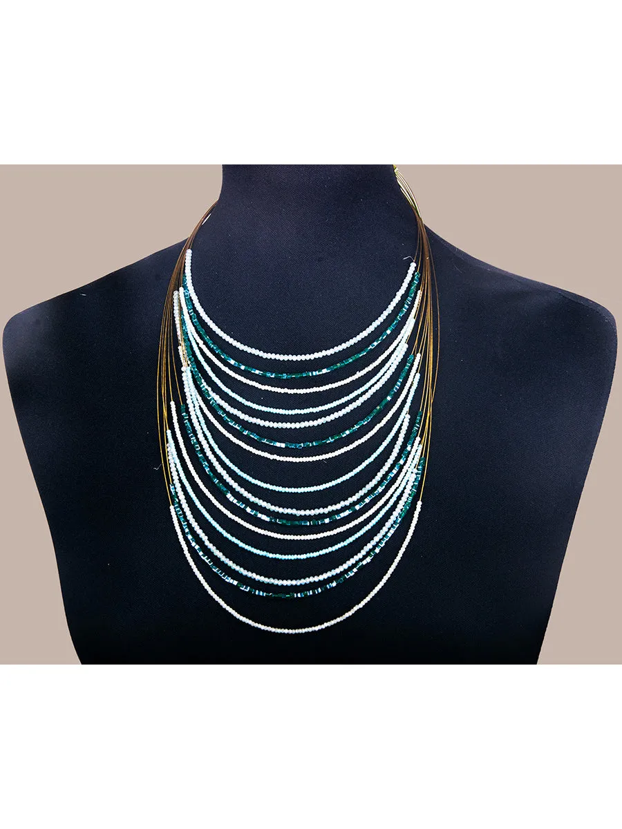 Green Multi Crystals Brass Wire Necklace