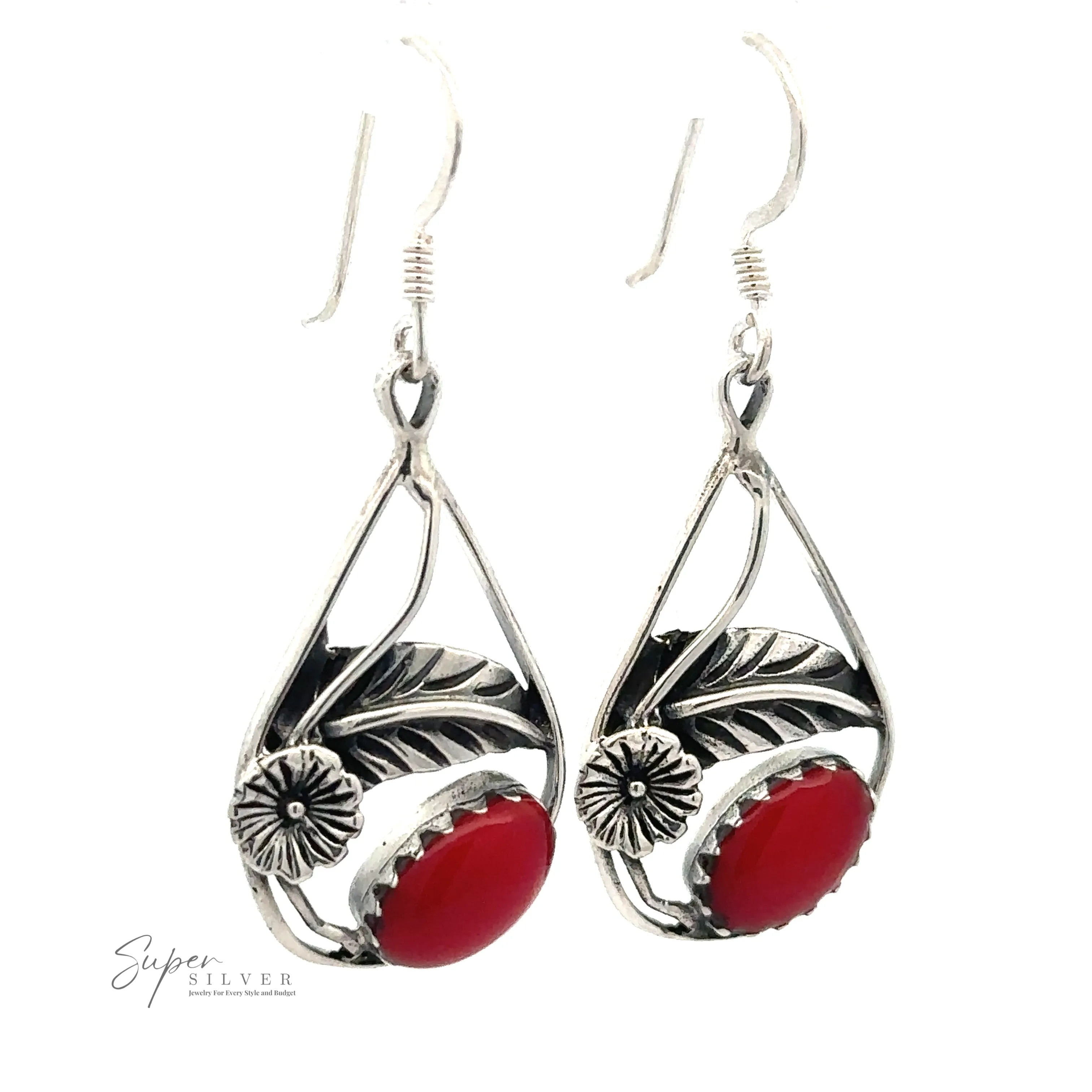 Inlaid Teardrop Earrings With Floral Setting