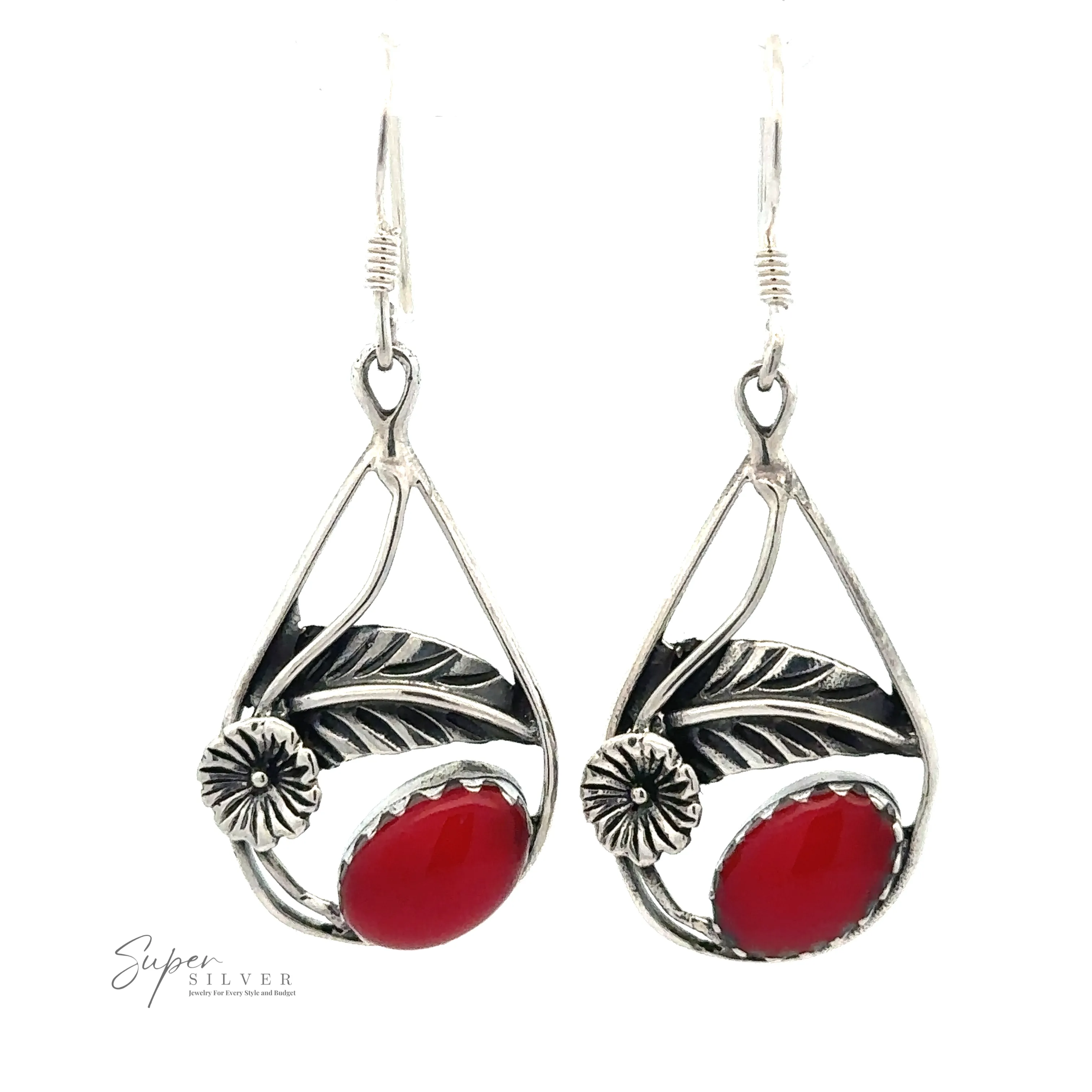 Inlaid Teardrop Earrings With Floral Setting