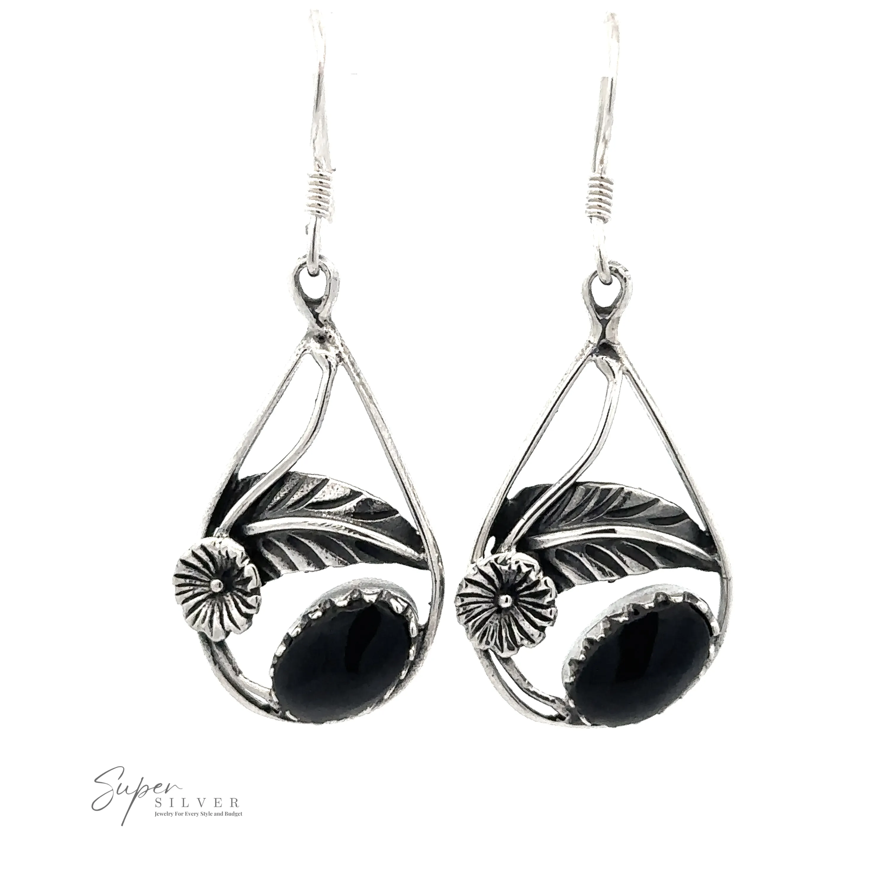 Inlaid Teardrop Earrings With Floral Setting