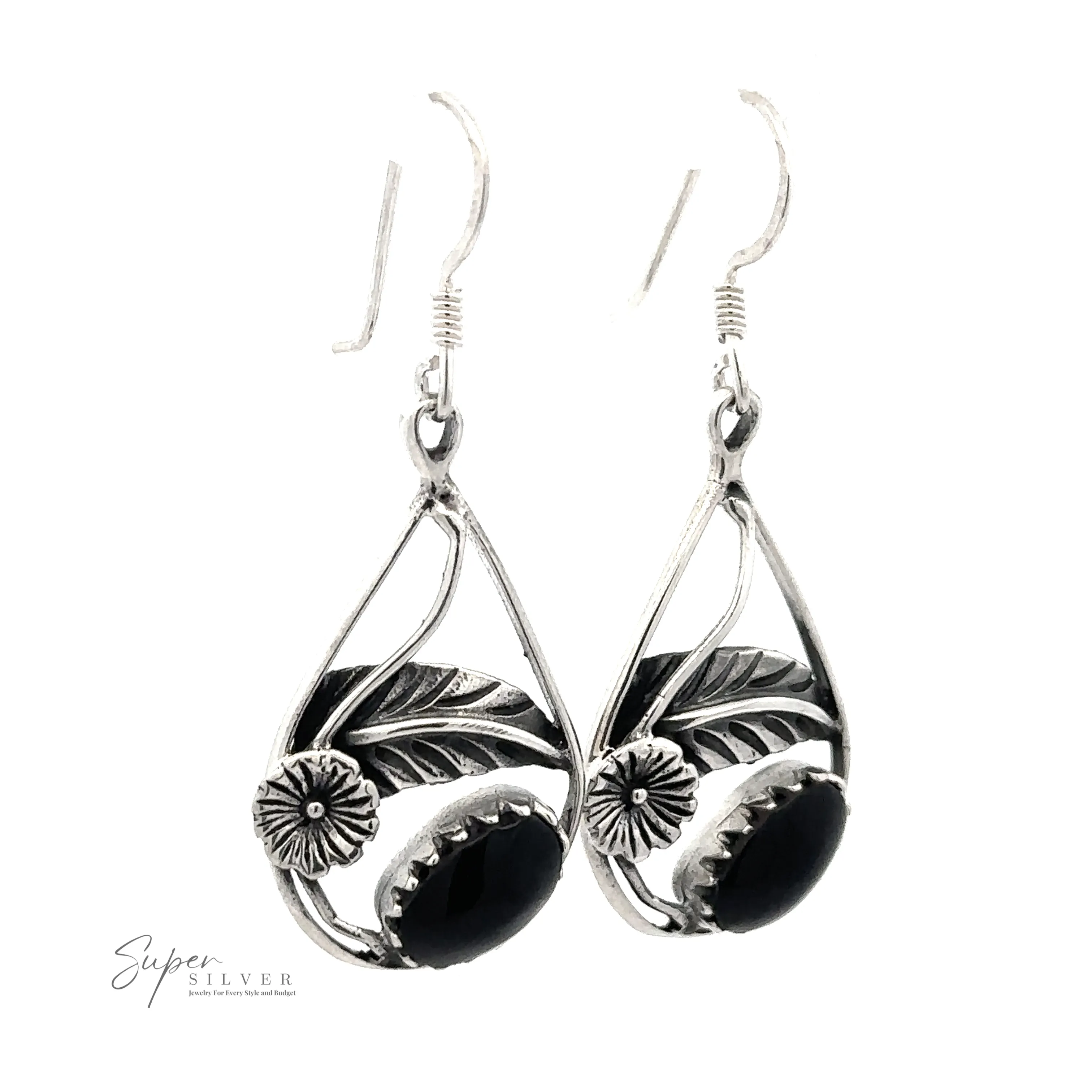 Inlaid Teardrop Earrings With Floral Setting