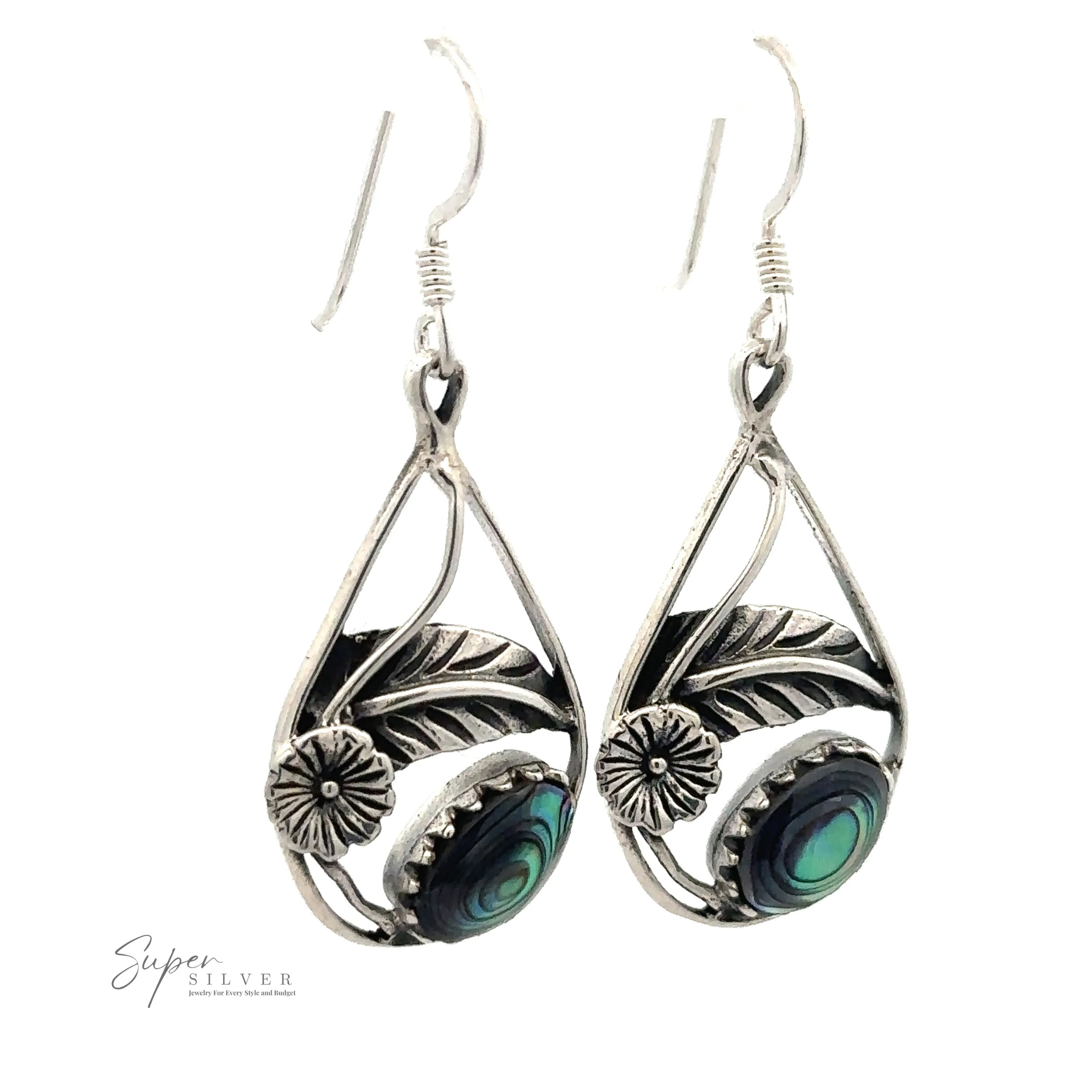 Inlaid Teardrop Earrings With Floral Setting