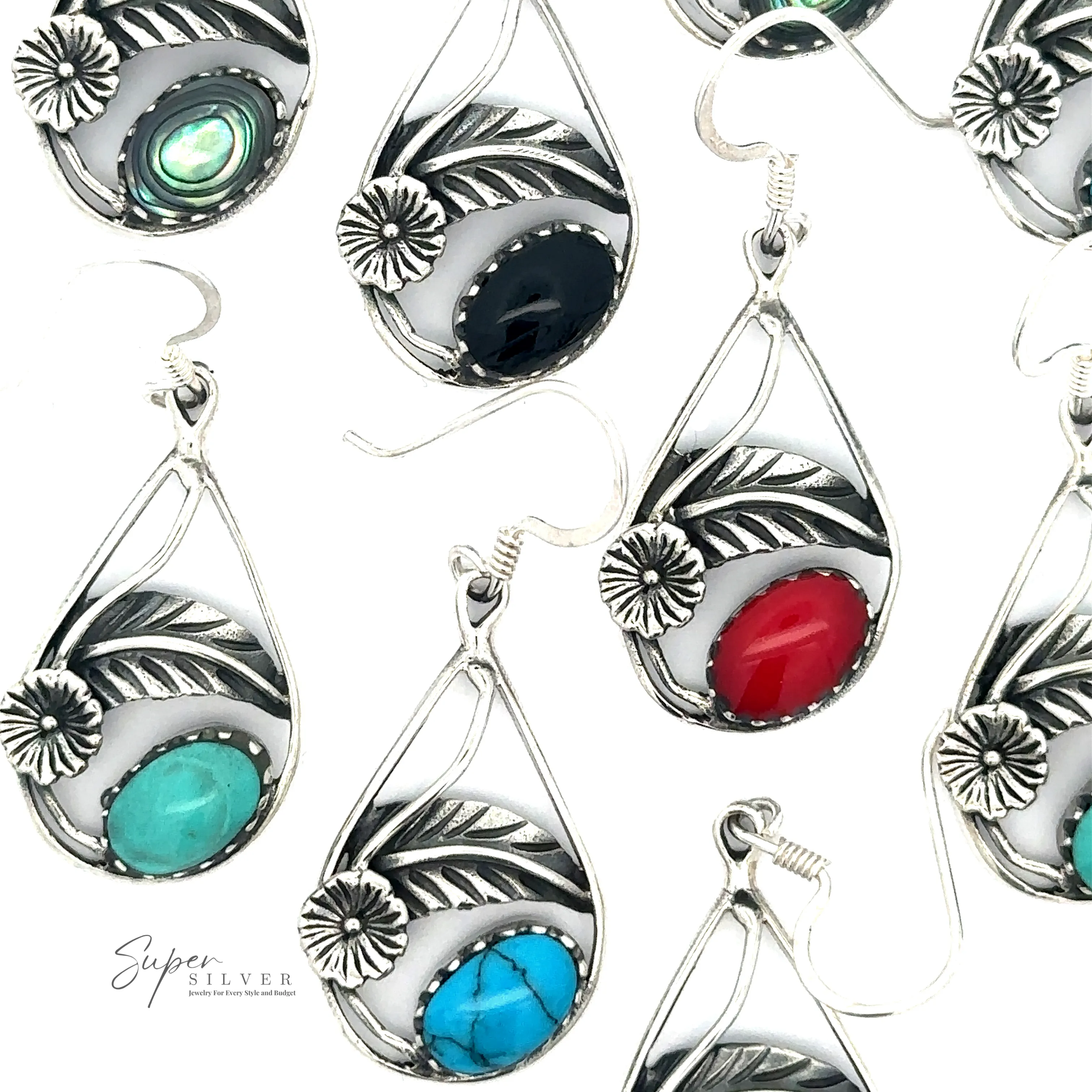 Inlaid Teardrop Earrings With Floral Setting