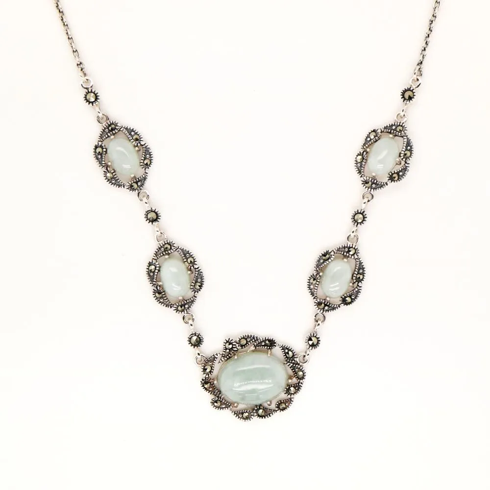 Jade and Marcasite Necklace in Sterling Silver, Sterling silver Jade and marcasite necklace
