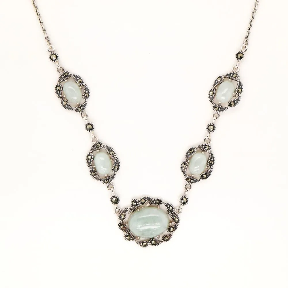 Jade and Marcasite Necklace in Sterling Silver, Sterling silver Jade and marcasite necklace