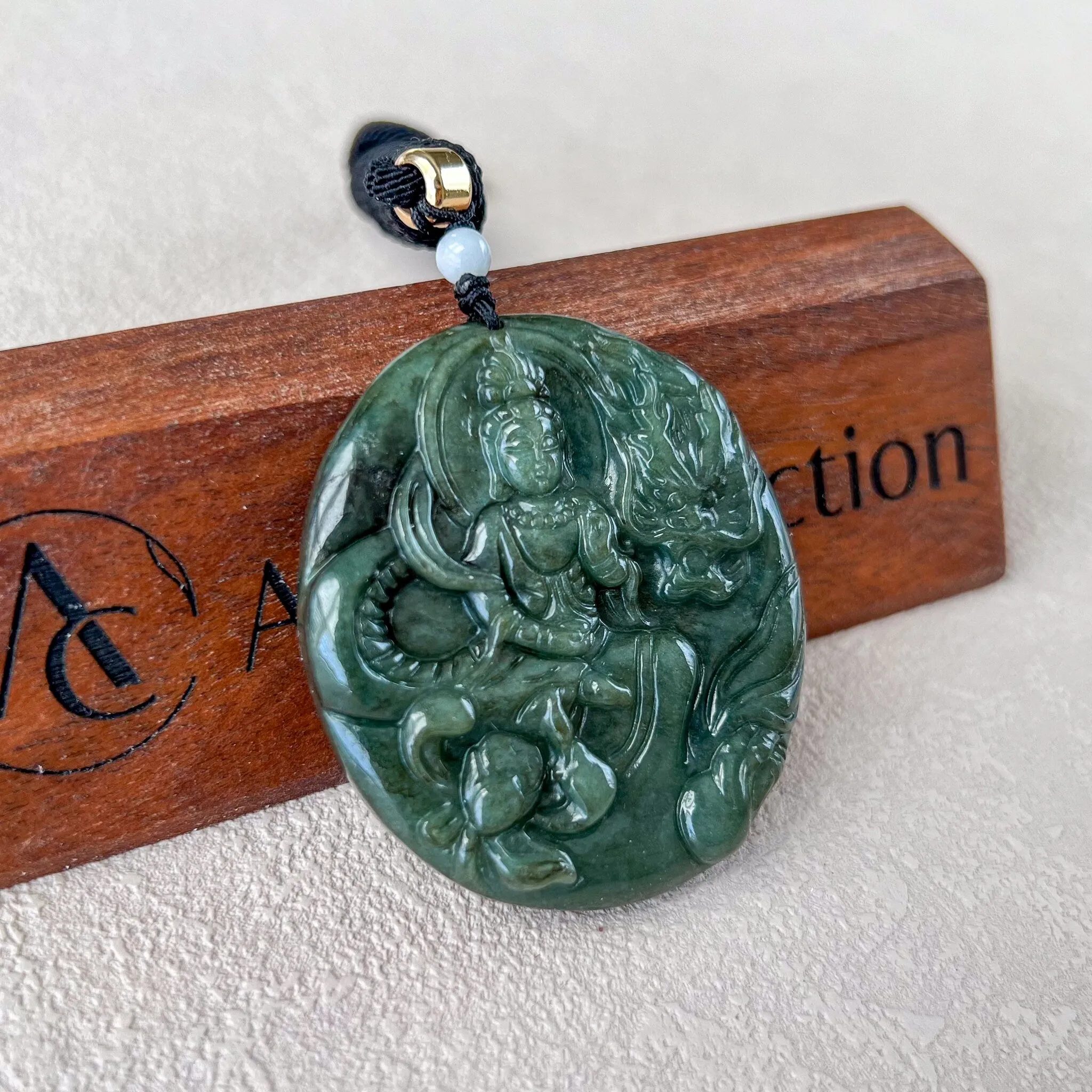 Jadeite Jade Guan Yin Kwan Yin Protected by Dragon Avalokitesvara Semi-Translucent Carved Pendant Necklace, YJ-0522-0371848