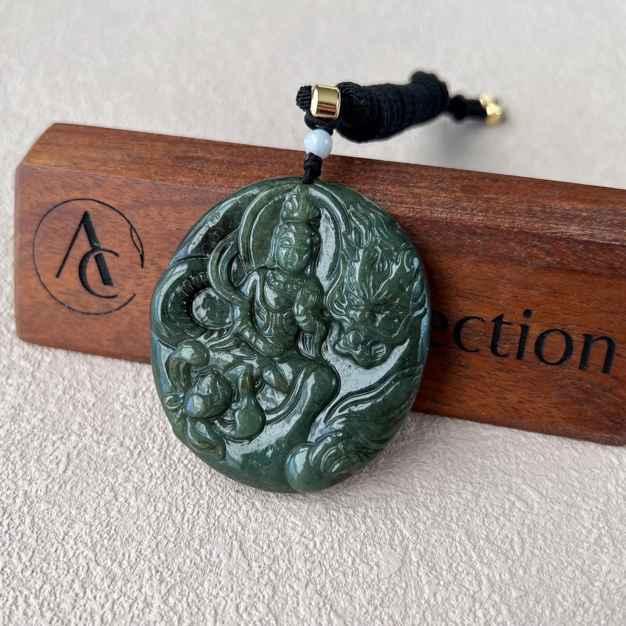 Jadeite Jade Guan Yin Kwan Yin Protected by Dragon Avalokitesvara Semi-Translucent Carved Pendant Necklace, YJ-0522-0371848