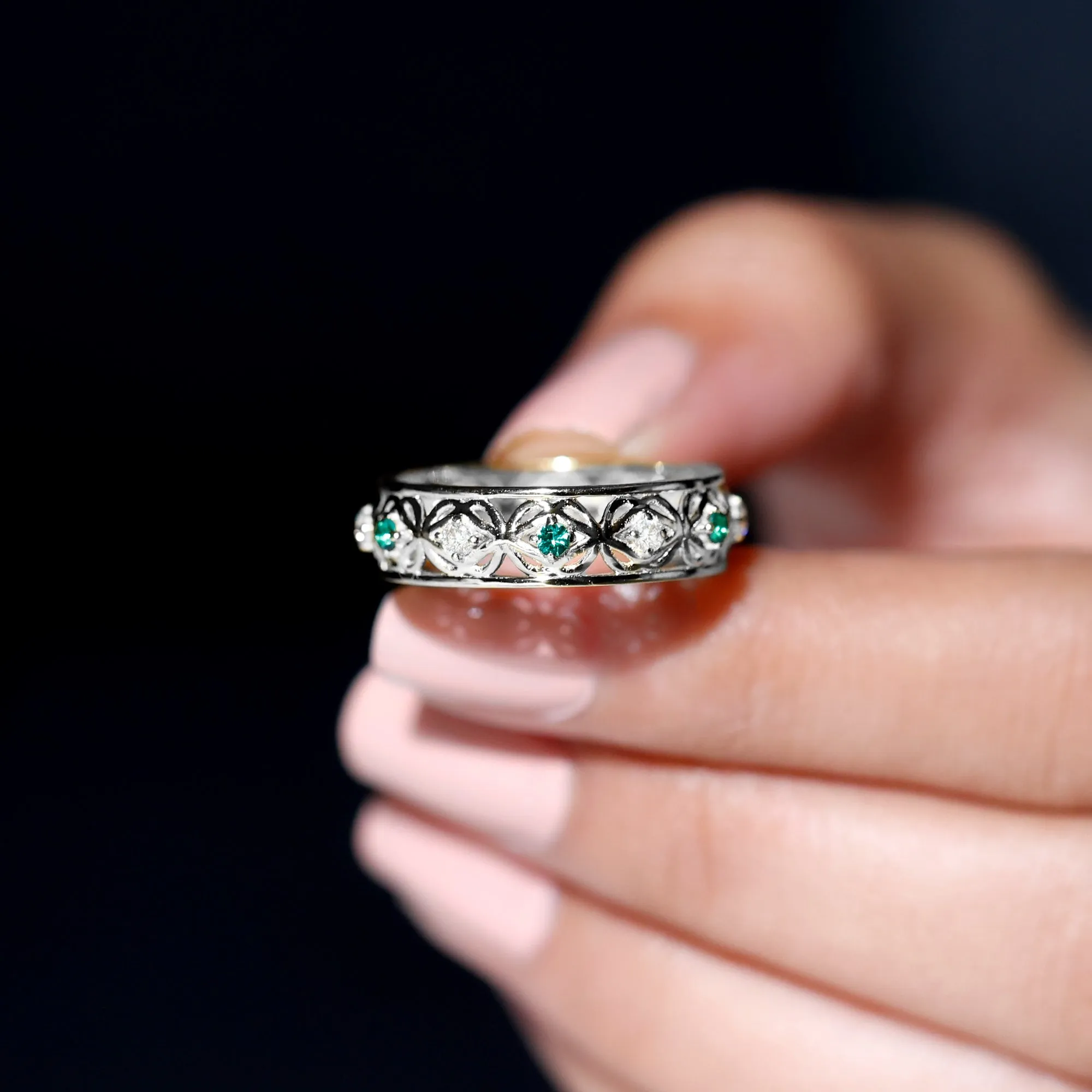 Lab Grown Emerald and Moissanite Celtic Wedding Band Ring