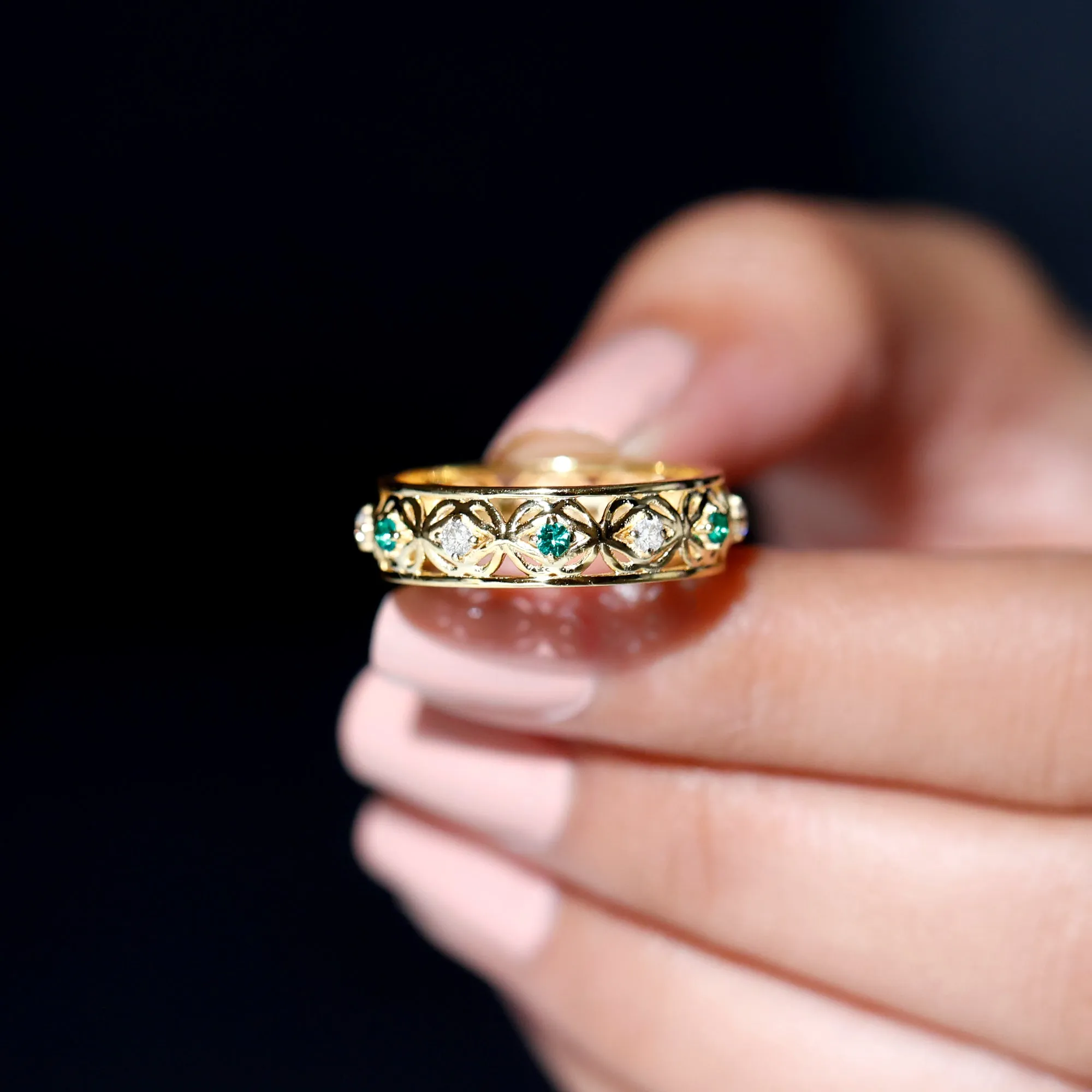 Lab Grown Emerald and Moissanite Celtic Wedding Band Ring