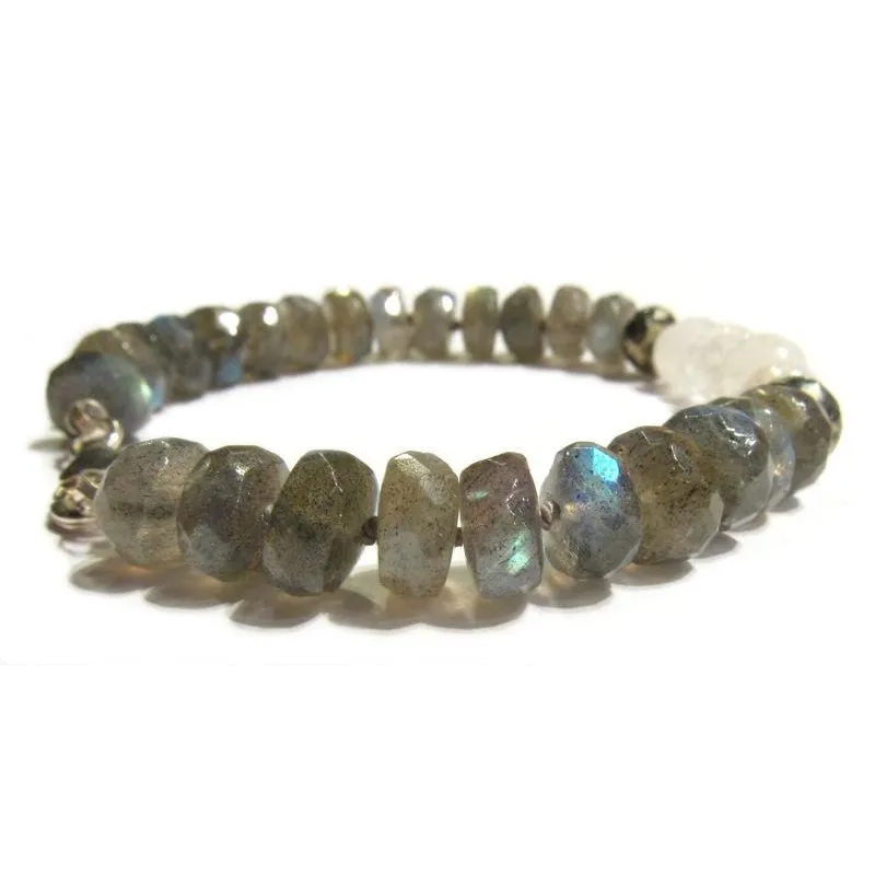 Labradorite, Pyrite and Moonstone Knotted Bracelet with Sterling Silver Trigger Clasp