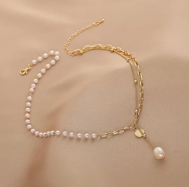 Ladies Lux Golden Beads and Pearl Necklace SKAJ001