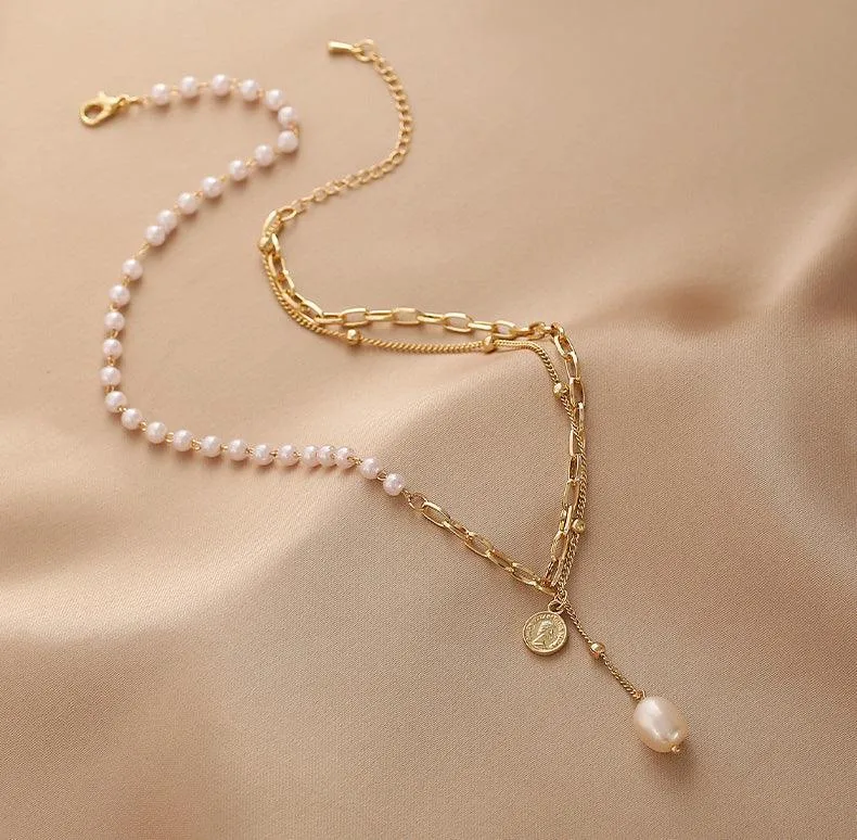 Ladies Lux Golden Beads and Pearl Necklace SKAJ001
