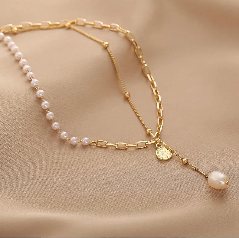 Ladies Lux Golden Beads and Pearl Necklace SKAJ001
