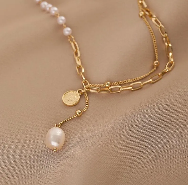 Ladies Lux Golden Beads and Pearl Necklace SKAJ001