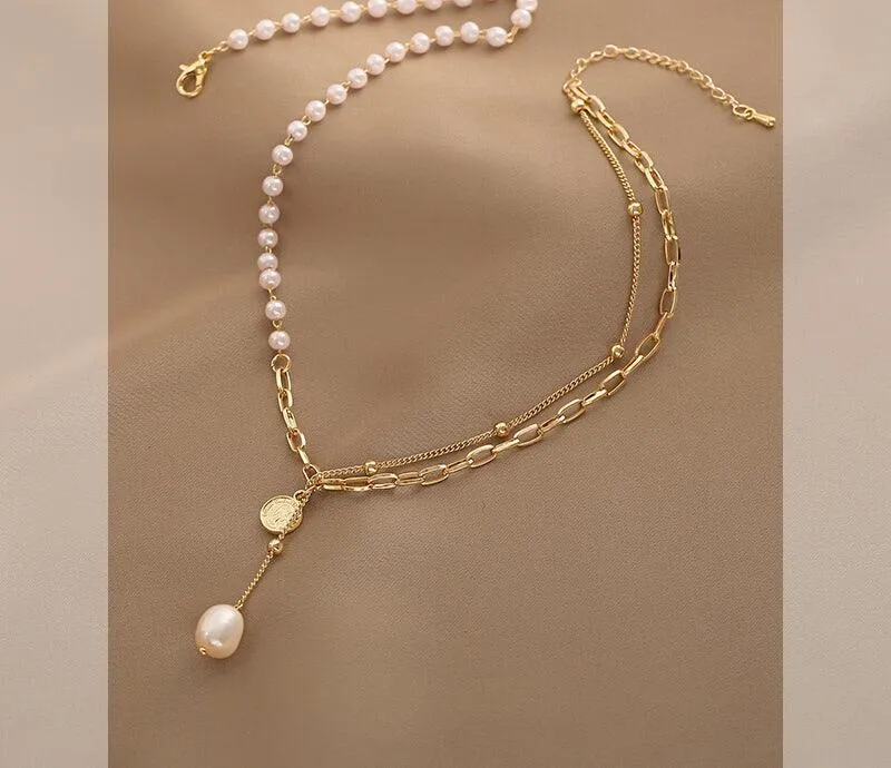 Ladies Lux Golden Beads and Pearl Necklace SKAJ001