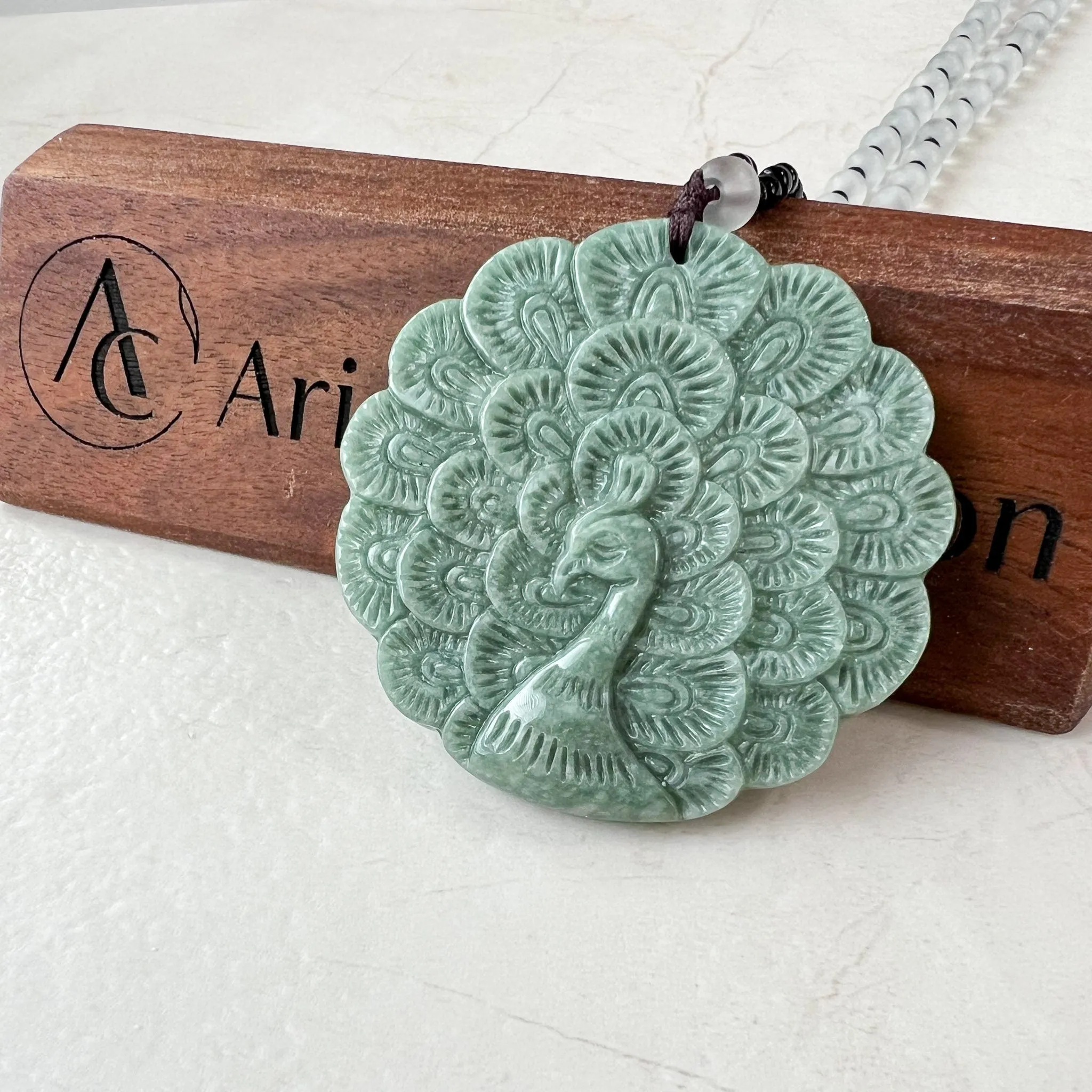 Large Green Jadeite Jade Peacock Carved Pendant, YJ-0522-0426883