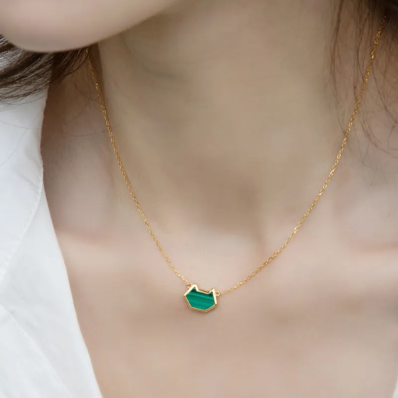Malachite Simple Kitty Pendant Sterling Silver Necklace
