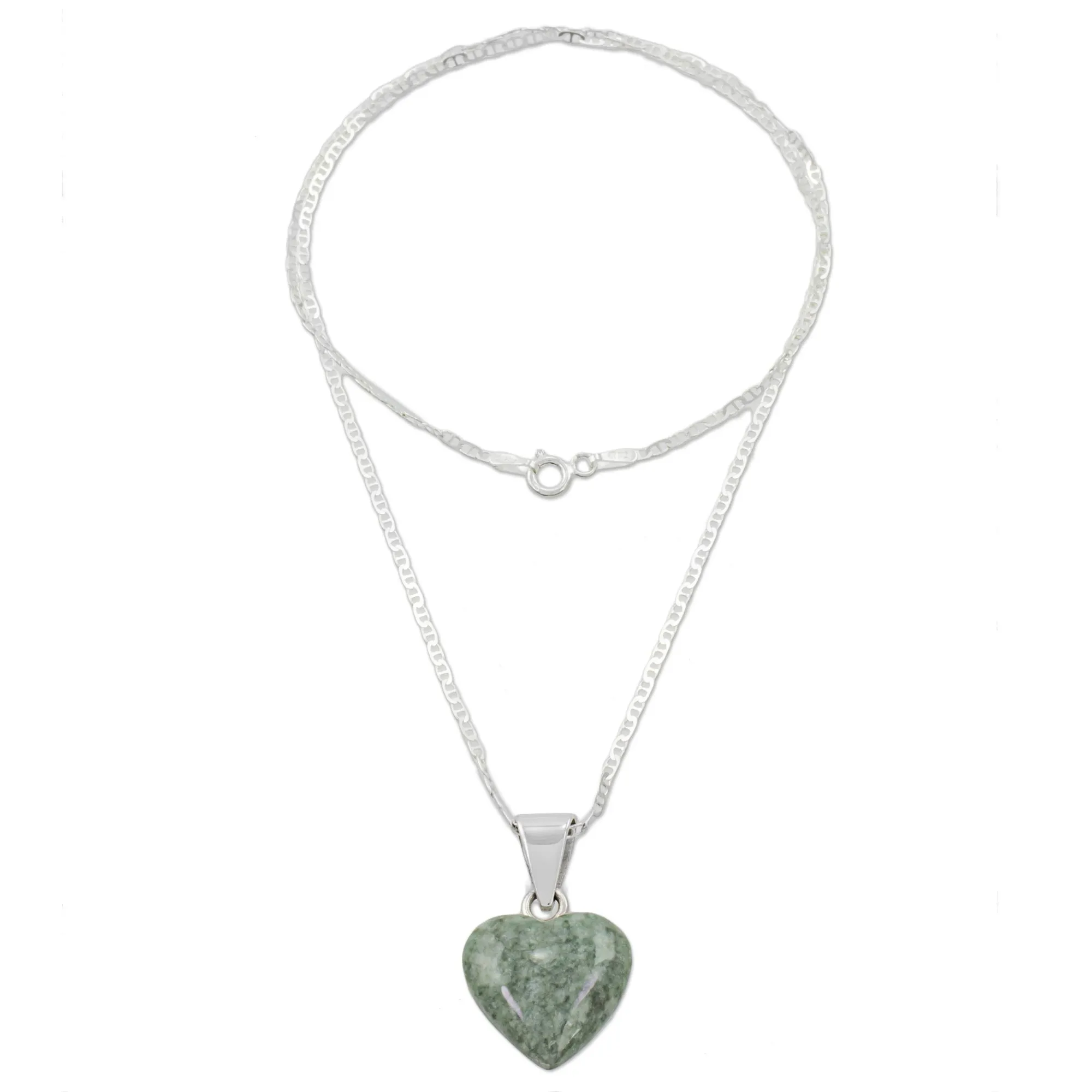 Mayan Heart in Light Green Jade & Silver Necklace