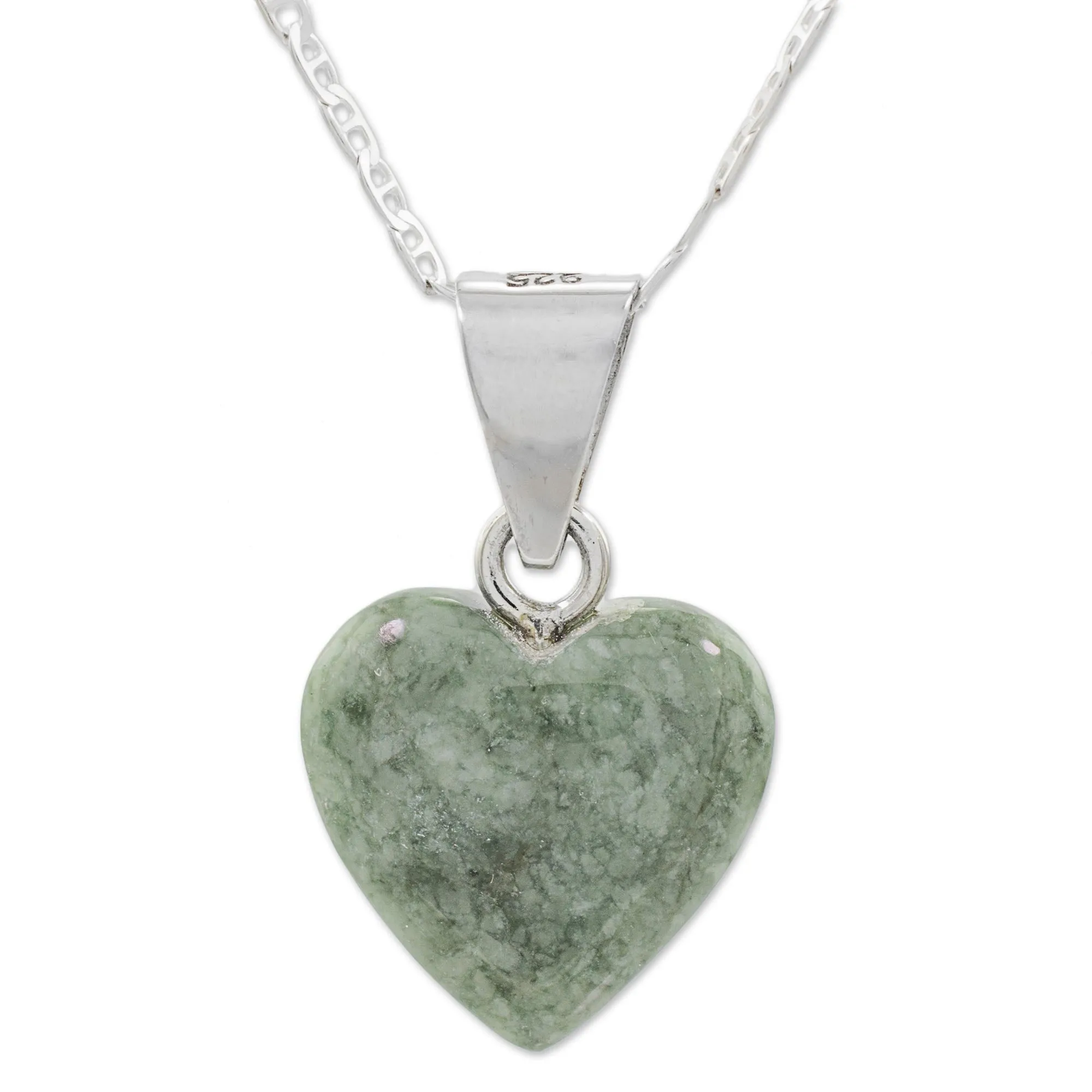Mayan Heart in Light Green Jade & Silver Necklace