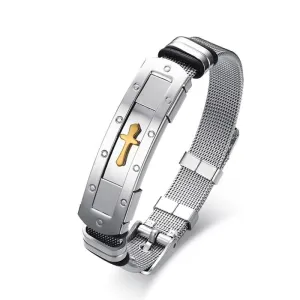 Men's Cross Bracelet<br> Steel Golden Cross