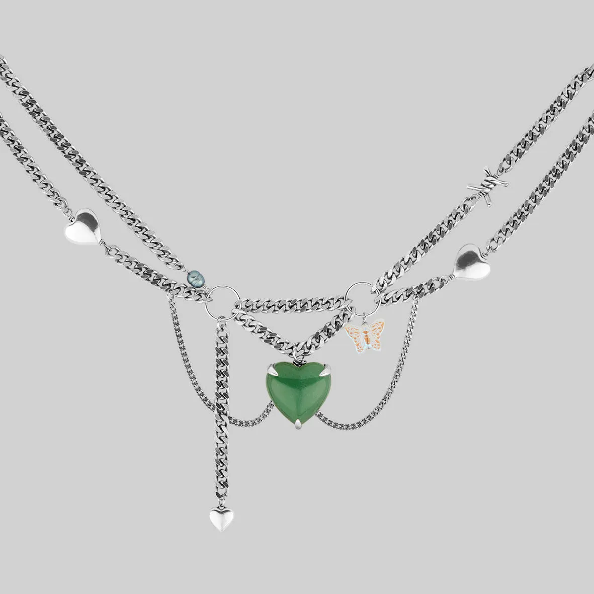METAMORPHOSIS. Gemstone Heart & Chain Charm Necklace - Silver