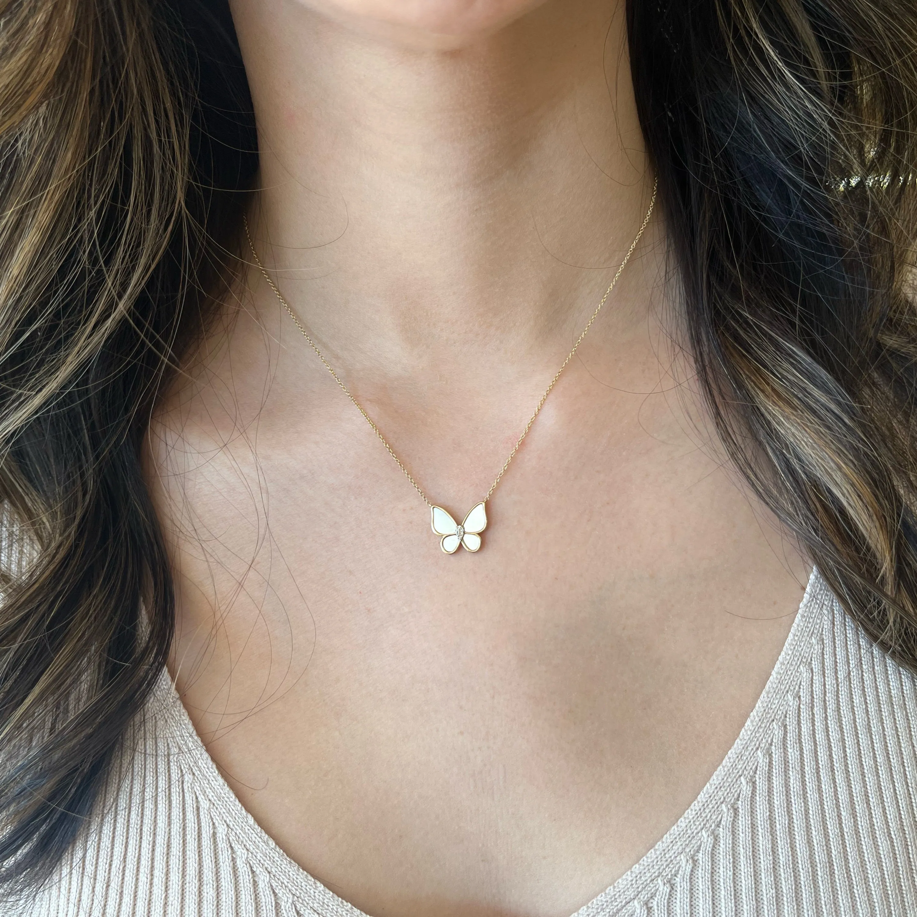 Mother of Pearl & Diamond Butterfly Pendant Necklace