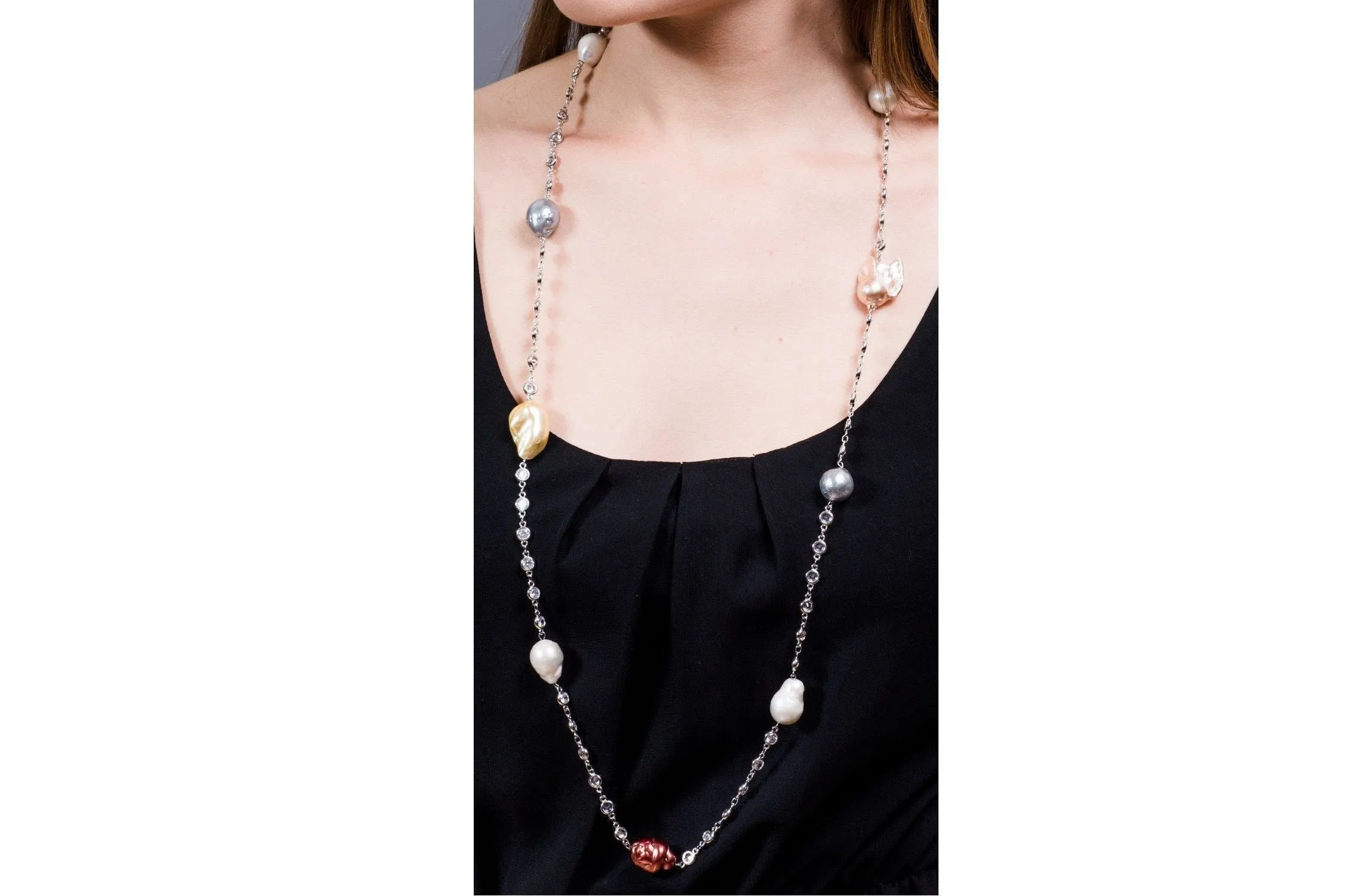 Multi-Color Freshwater Baroque Pearl Long Chain Necklace