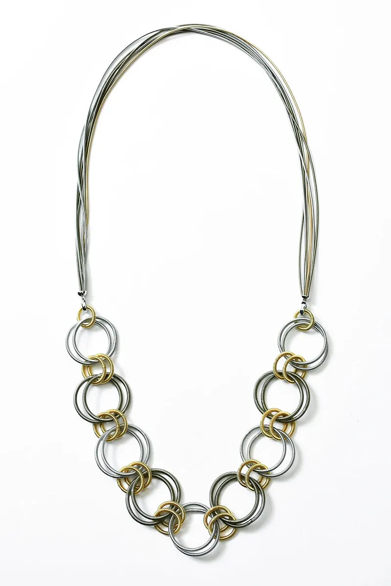 Multi-Strand Long Piano Wire Necklace with Interlocking Rings