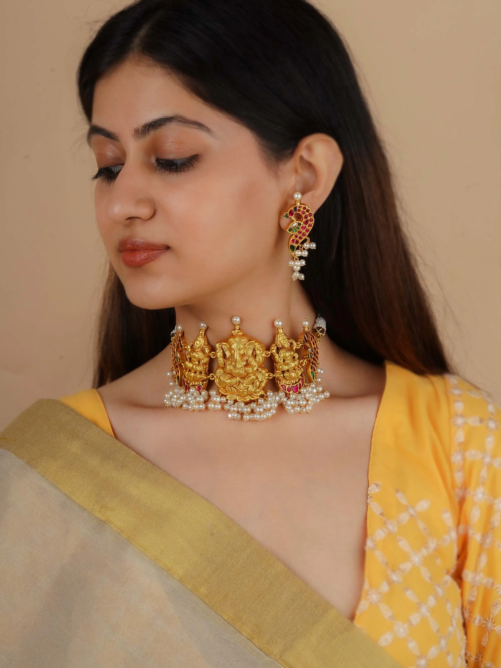 Multicolor Gold Plated Temple Necklace Set - TMPSET215M