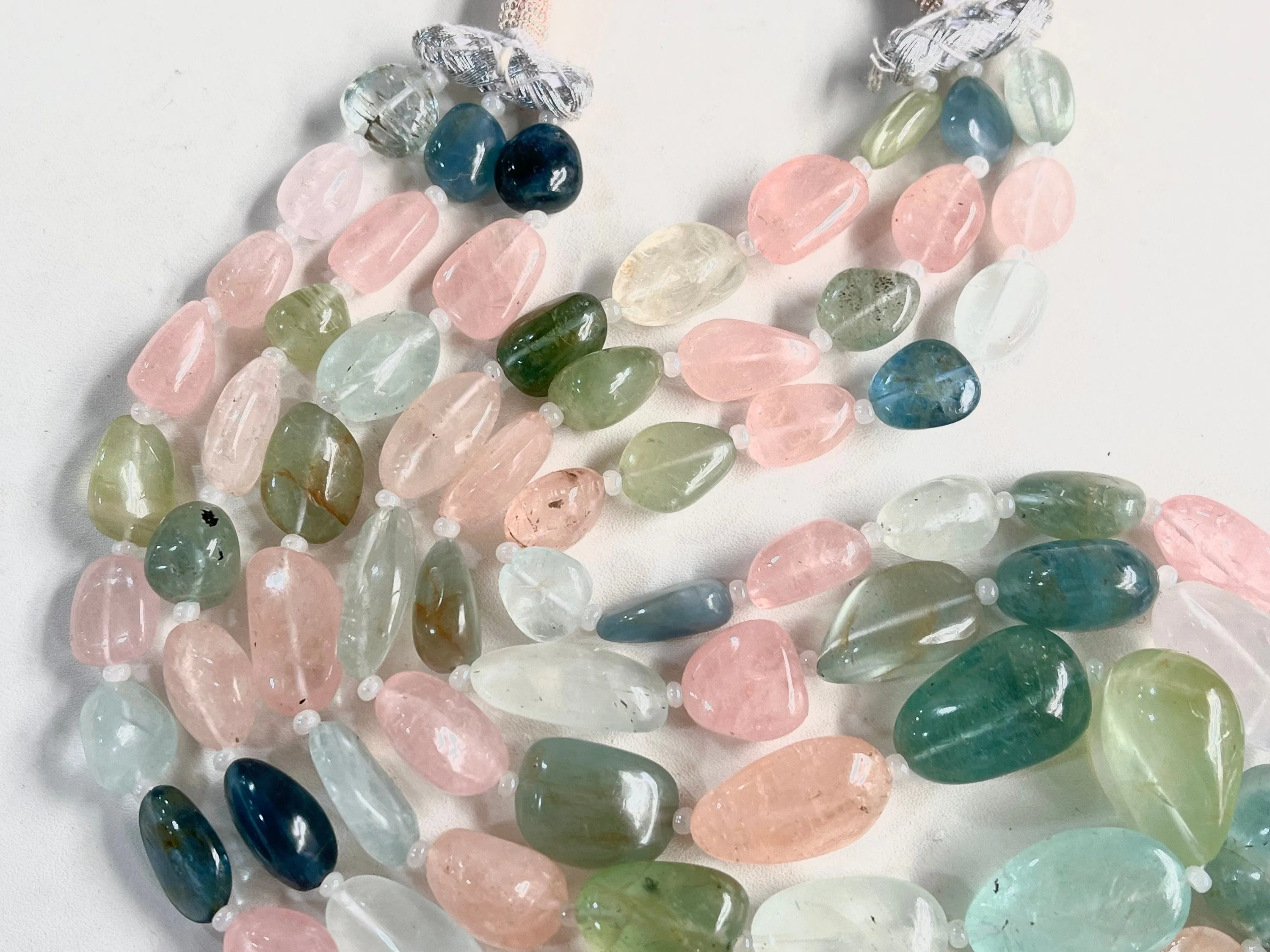 Natural Multi Aquamarine Smooth Tumble Shape Beads 3 Layers Necklace