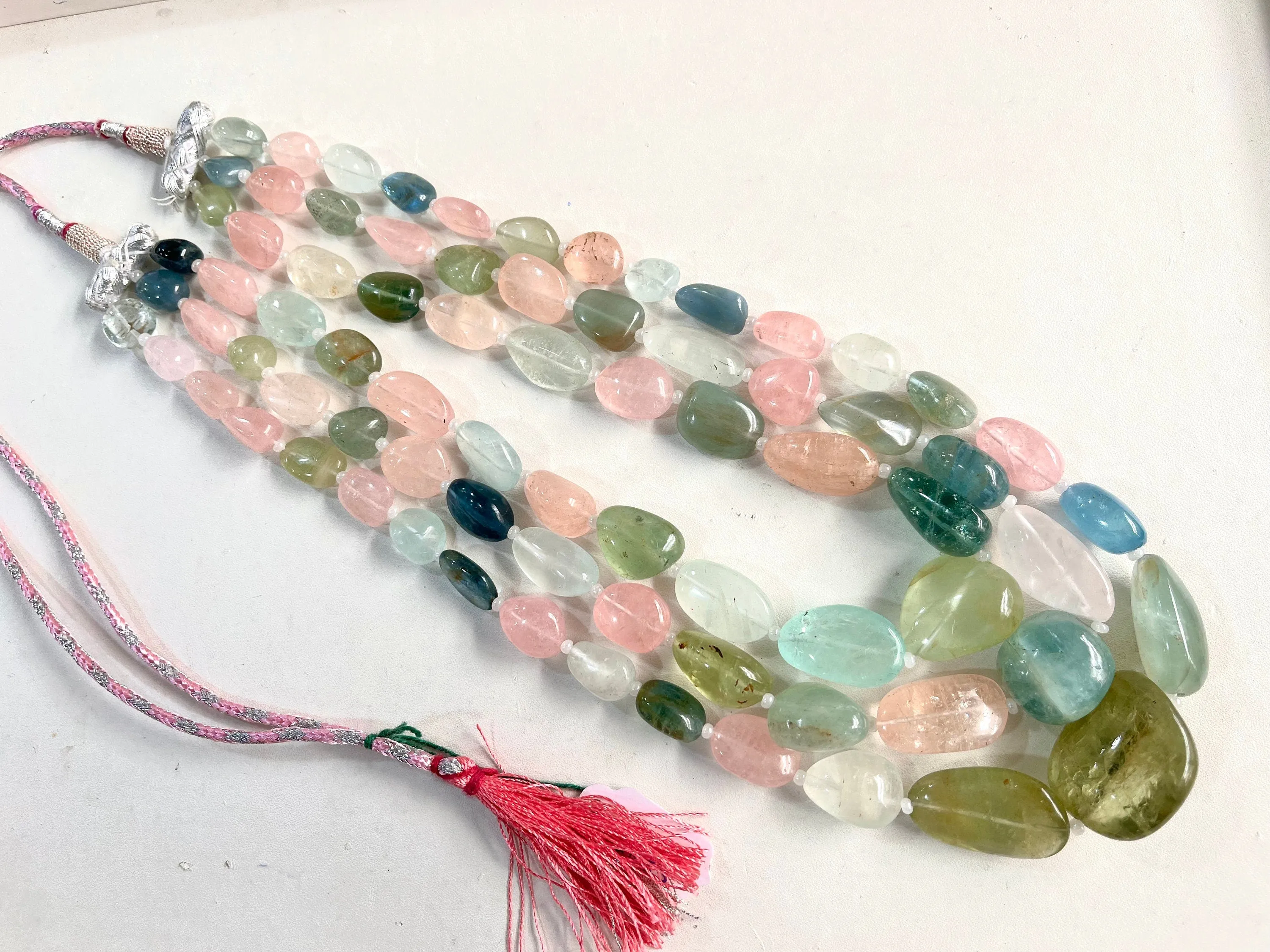 Natural Multi Aquamarine Smooth Tumble Shape Beads 3 Layers Necklace