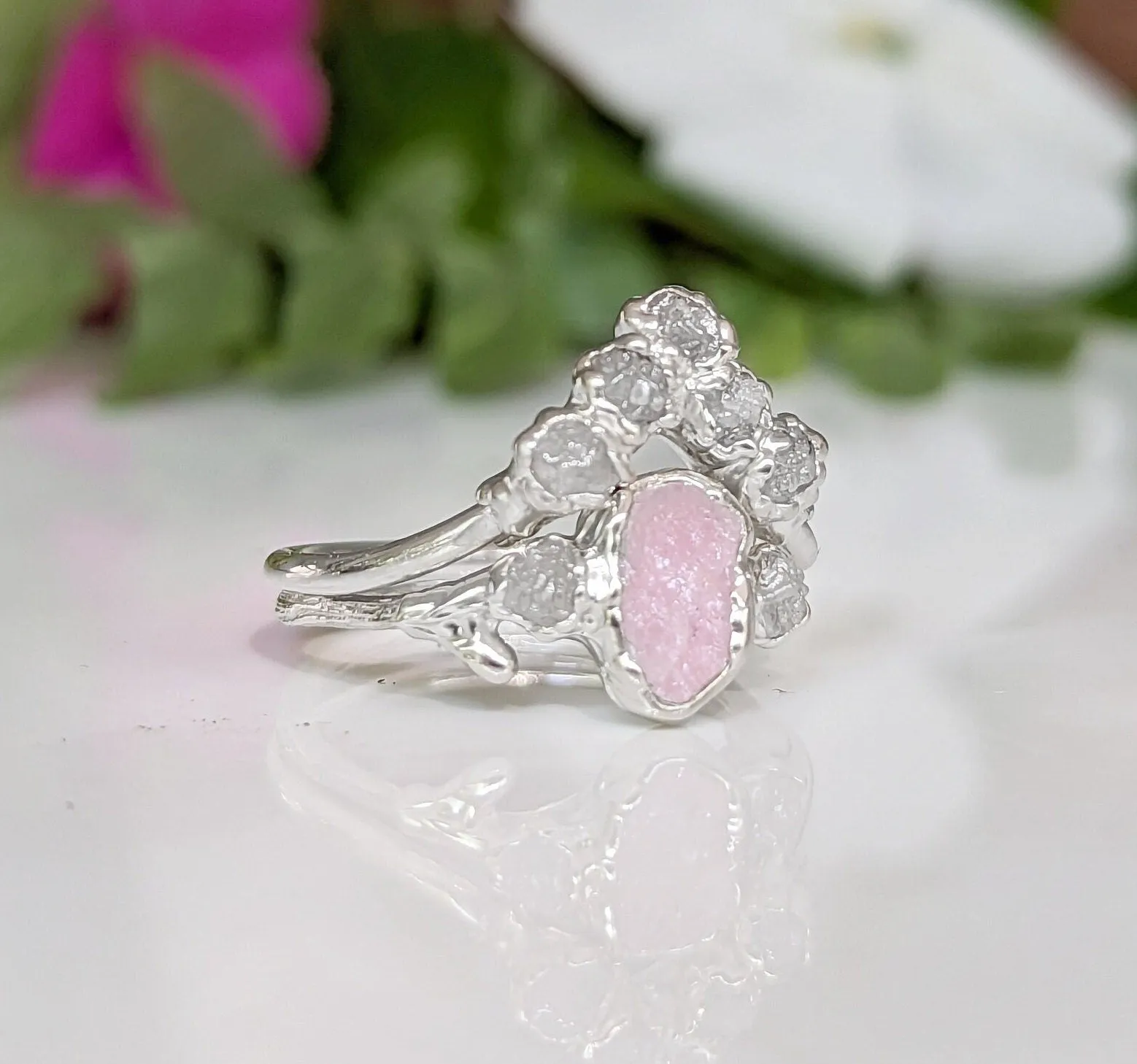 Raw Pink Morganite and diamond wedding ring set