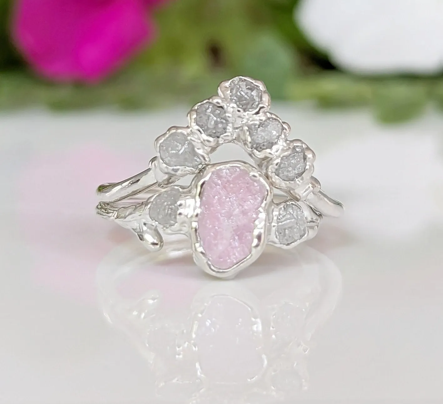 Raw Pink Morganite and diamond wedding ring set