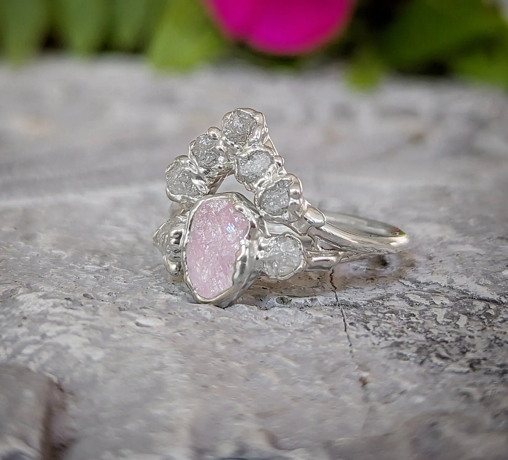 Raw Pink Morganite and diamond wedding ring set