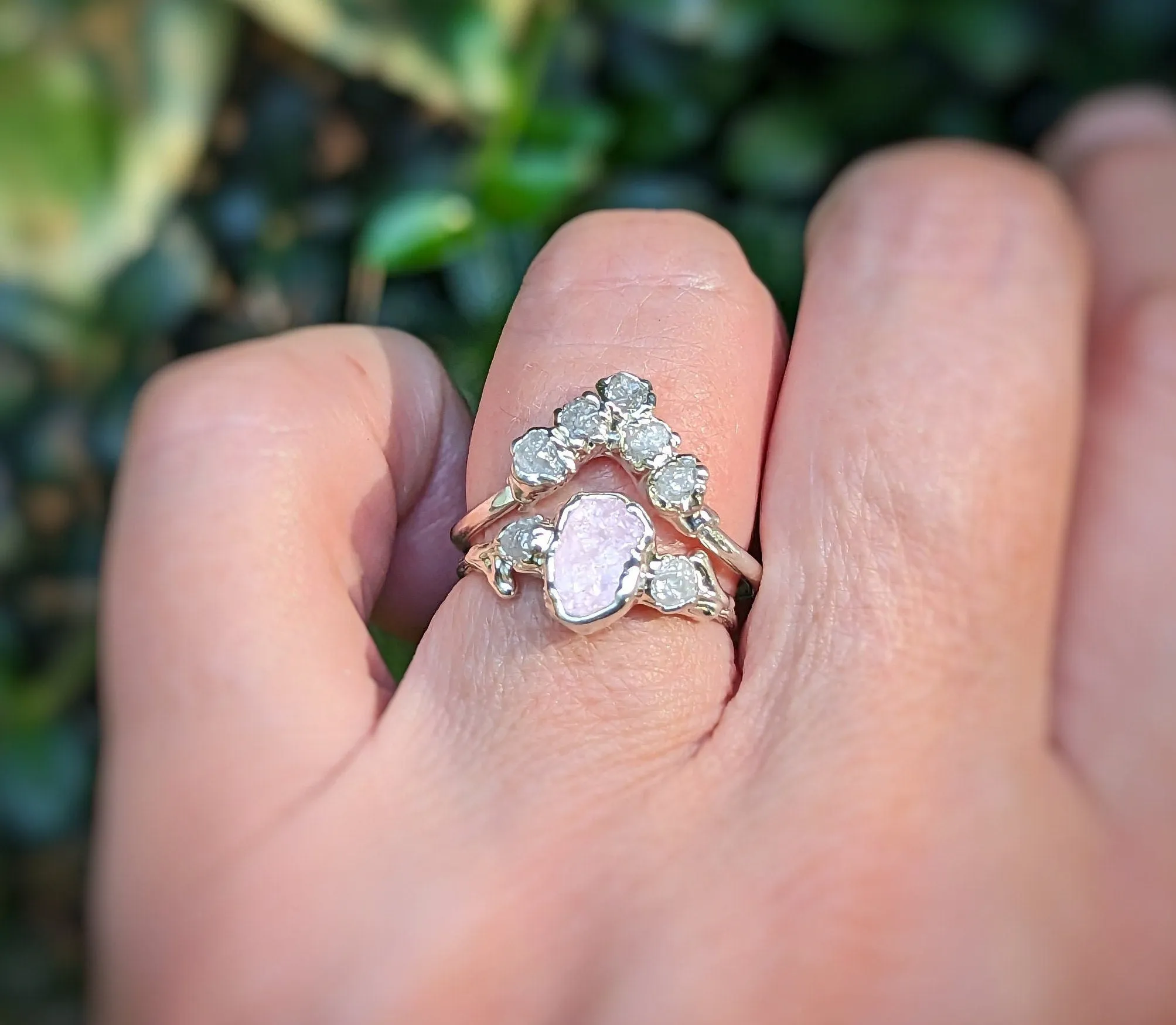 Raw Pink Morganite and diamond wedding ring set