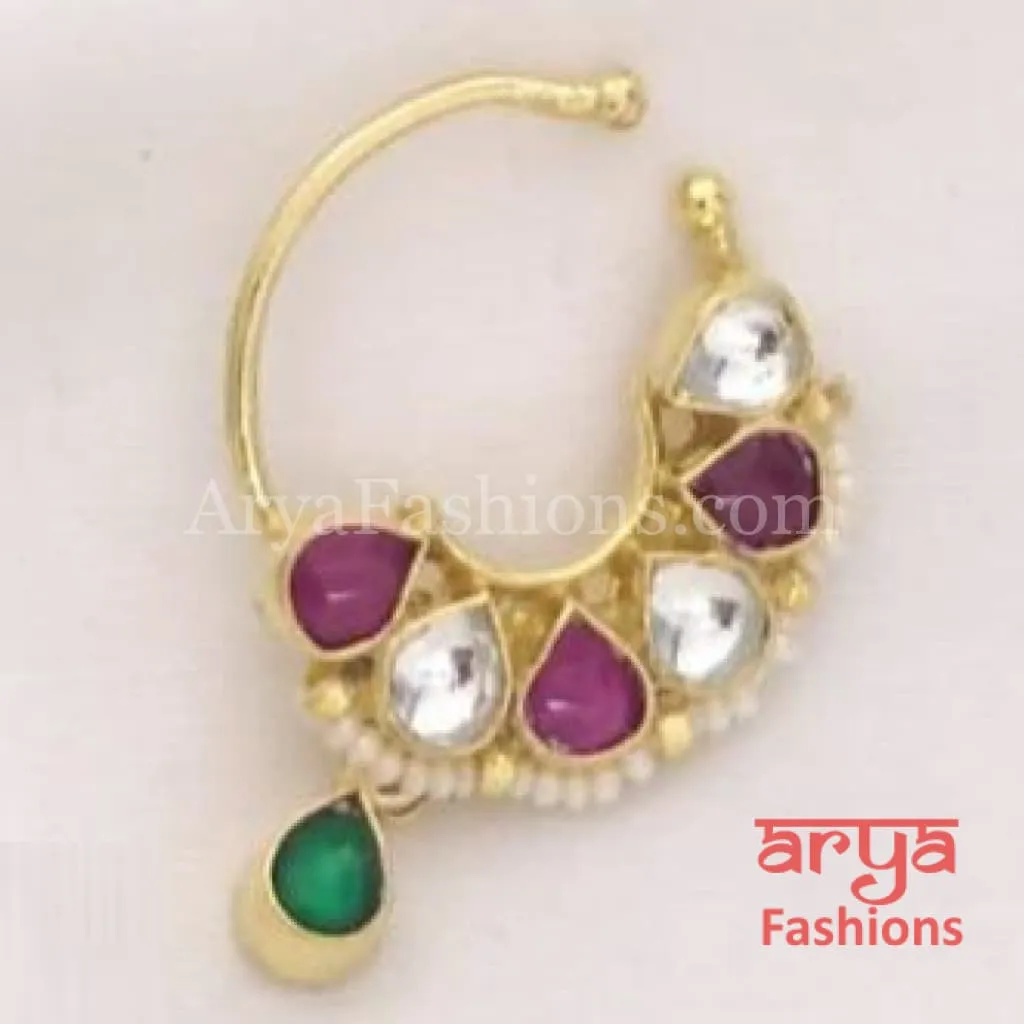 Round Nose Ring/ Kundan CZ non piercing nose ring/Kundan Bridal Nosepin