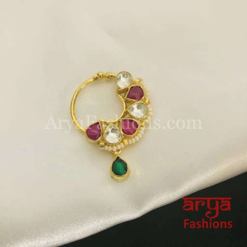 Round Nose Ring/ Kundan CZ non piercing nose ring/Kundan Bridal Nosepin