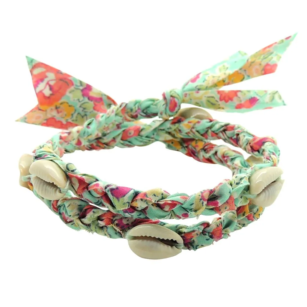 Seashell Charm Liberty Print Double Wrap Braid Bracelet