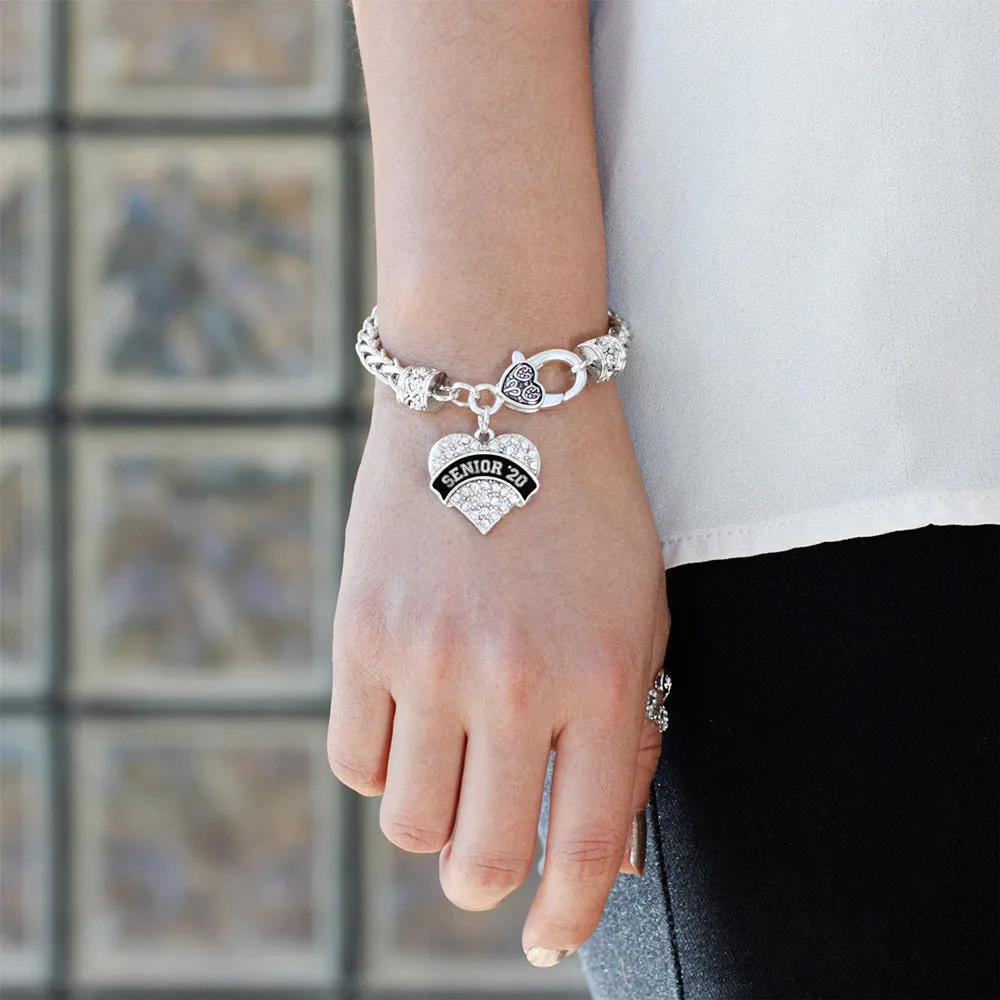 Silver Black and White Senior 2020 Pave Heart Charm Braided Bracelet