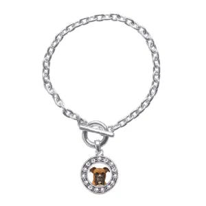 Silver Boxer Face Circle Charm Toggle Bracelet